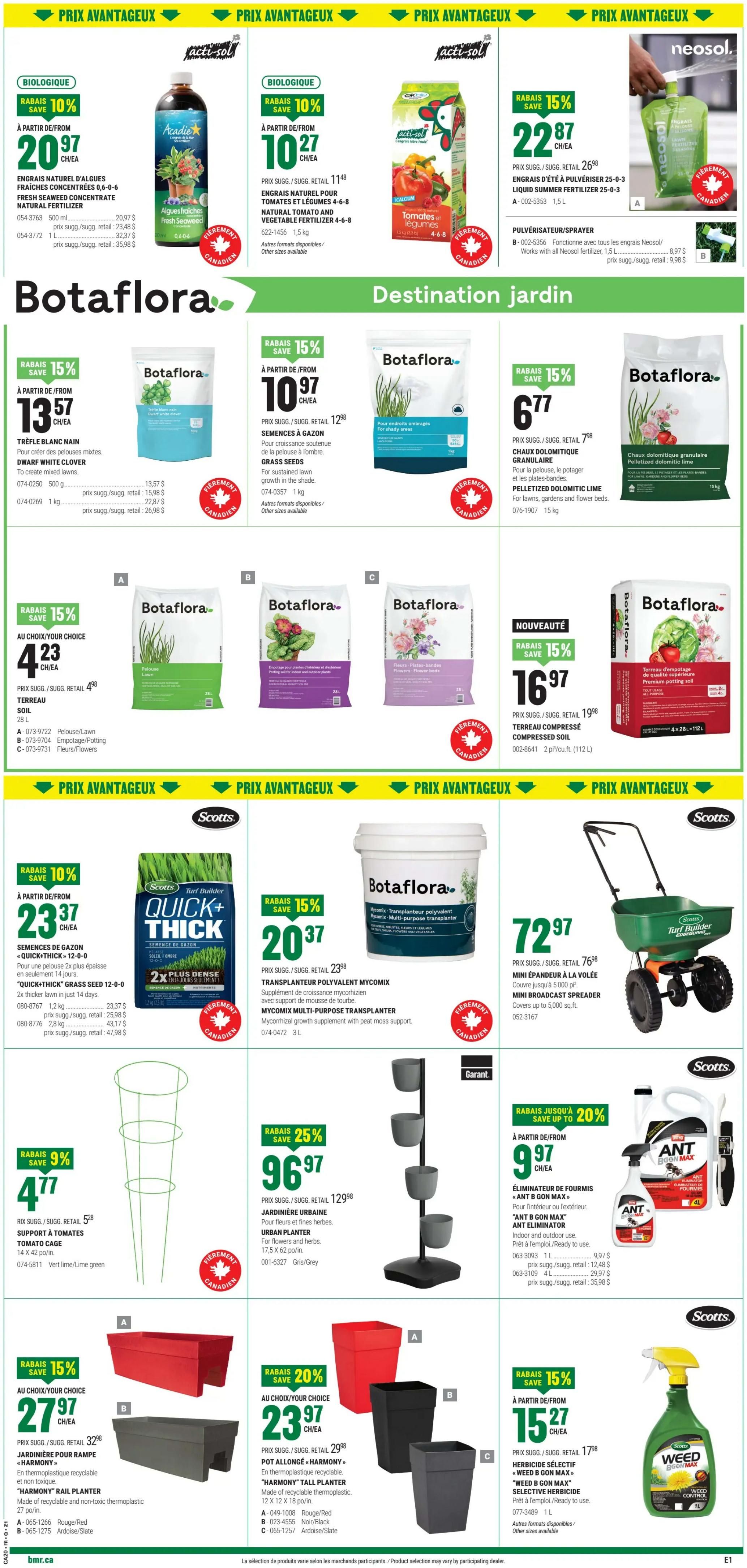 BMR Weekly Flyer Specials Page 5 features a variety of gardening products. Top row includes Acadie Organic Fresh Seaweed Concentrate Natural Fertilizer for $10.27, Acadie Organic Natural Tomato and Vegetable Fertilizer 4-6-8 for $10.27, and Neosol Organic Liquid Summer Fertilizer 25-0-3 for $22.87. The middle section showcases Botaflora products: Dwarf White Clover seed for $13.57, Grass Seeds for $10.97, Pelleted Dolomitic Lime for $6.77, and a choice of Botaflora Soil (26 L) for $4.23. Also featured is Botaflora Compressed Soil for $16.97. The bottom section highlights Scotts Quick+Thick Grass Seed 12-0-0 for $23.37, Botaflora Mycomix Multi-Purpose Transplanter for $20.37, and a Scotts Mini Broadcast Spreader for $72.97. Additional items include a Tomato Cage for $4.77, an Urban Planter for $96.97, and a selection of 'Harmony' Rail Planters and Tall Planters available at $27.97 or $23.97 each. Finally, Weed B Gon Max Ant Eliminator is on sale for $9.97, and Weed B Gon Max Selective Herbicide is $15.27.