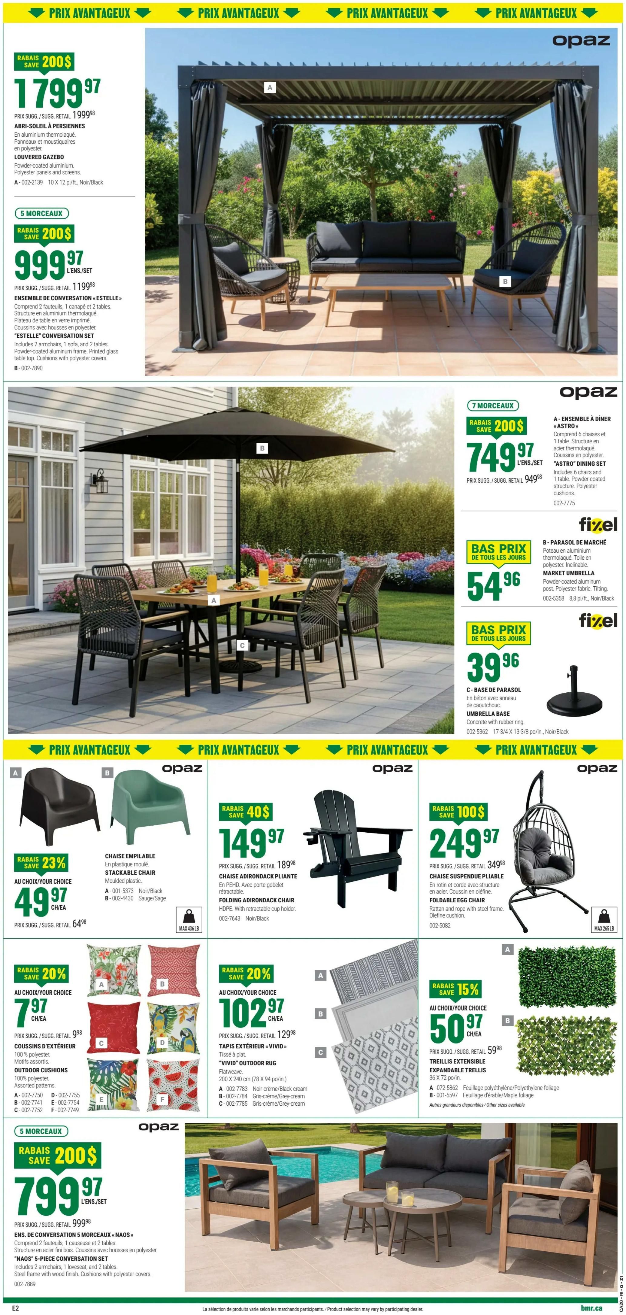 BMR Weekly Flyer Specials Page 6 features outdoor furniture and accessories. Top section showcases a LOUVERED GAZEBO for $1799.97 (save $200) and an 'ESTELLE' CONVERSATION SET for $999.97 (save $200), including 2 armchairs, 1 sofa, and 2 tables. Below, an 'ASTRO' DINING SET with 6 chairs and 1 table is priced at $749.97 (save $200). A MARKET UMBRELLA is available for $54.96, and an UMBRELLA BASE for $39.96. Further down, stackable chairs are on sale: a black or green stackable chair for $49.97 each (save 23%). A FOLDING ADIRONDACK CHAIR is $149.97 (save $40). A FOLDABLE EGG CHAIR with a cushion is $249.97 (save $100). Outdoor cushions with assorted patterns are $7.97 each (save 20%). VIVID OUTDOOR RUGS (200 x 78 cm) are $102.97 each (save 20%). EXPANDABLE TRELLIS (36 x 72 in.) are $50.97 each (save 15%). Finally, a 'NAOS' 5-PIECE CONVERSATION SET is $799.97 (save $200), featuring a steel frame with wood finish and polyester cushion covers.