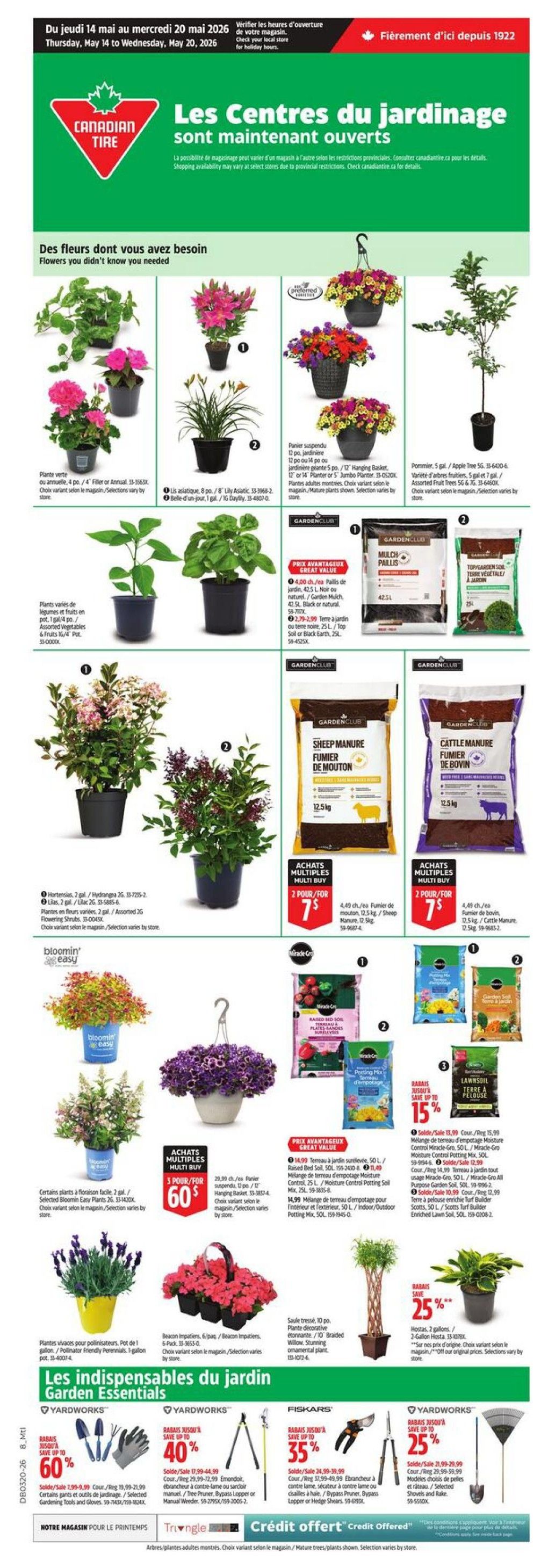 Canadian Tire weekly flyer specials for Quebec, valid May 14 to May 20, 2026. Page 2 features 'Garden Centres are now open' with various plants and gardening essentials. Featured plants include 4-inch or annual plants, 8-inch Lily Asiatic, 1-gallon Daylily, 12-inch or 14-inch hanging baskets, and 5-gallon Apple Trees. Also available are assorted vegetable and fruit plants in 1-gallon pots. Garden essentials include 42.5L Garden Mulch or Top Soil for $4.00 each, and 25L Soil or Black Earth for $2.79-$2.99. Special offers include 2 for $7 on 12.5kg Sheep Manure or Cattle Manure. Miracle-Gro products are on sale, with 50L Moisture Control Potting Mix for $15.99, and 50L Raised Bed Soil for $14.99. Other Miracle-Gro items include 25L Potting Mix for $10.99. 'Bloomin' Easy' plants are available in 2-gallon pots. A hanging basket with purple flowers is featured. Also shown are 2-gallon Hydrangeas and assorted 2-gallon flowering shrubs. Garden Essentials section includes Yardworks gardening tools and gloves with a 60% discount, Yardworks pruners and loppers with up to 40% off, and Fiskars pruners and hedge shears with up to 35% off. Yardworks shovels and rakes are on sale for $21.99-$29.99. Hostas in 2-gallon pots are 25% off. A decorative braided willow tree is also features a stunning ornamental plant.
