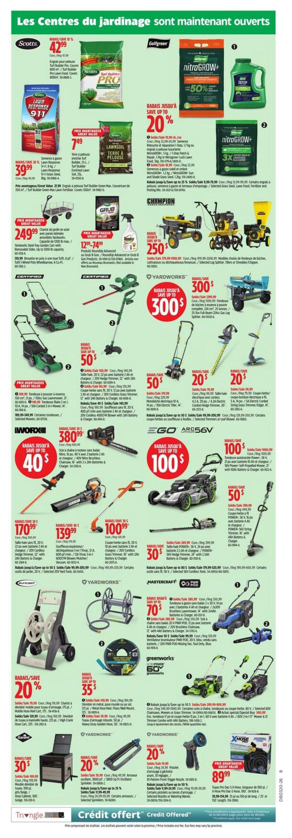 Canadian Tire weekly flyer specials page 3, featuring gardening equipment. Offers include Scotts Turf Builder PRO fertilizer for $42.99, Scotts Lawn Response 911 Grass Seed for $39.99, and Scotts Lawn Soil for $7.49. Golfgreen NitroGROW+ products are on sale with up to 50% off. Champion log splitters and chippers are available with savings up to $250. Yardworks offers a 3000 PSI pressure washer for $300 and a 224cc gas log splitter for $300. Worx offers a 40V hedge trimmer for $170.99 and a 20V cordless grass trimmer for $139.99. EGO offers a 56V Arc Lithium lawnmower for $100 and a 56V power string trimmer for $50. Mastercraft offers a 70-piece brushless lawmower kit for $70. Greenworks offers a 60V lawnmower for $50. Also featured are Yardworks hose reels, a 20V oscillator sprinkler for $20, and a Tri-Angle hose cabinet for $30. X-Hose Pro is available for $89.99.