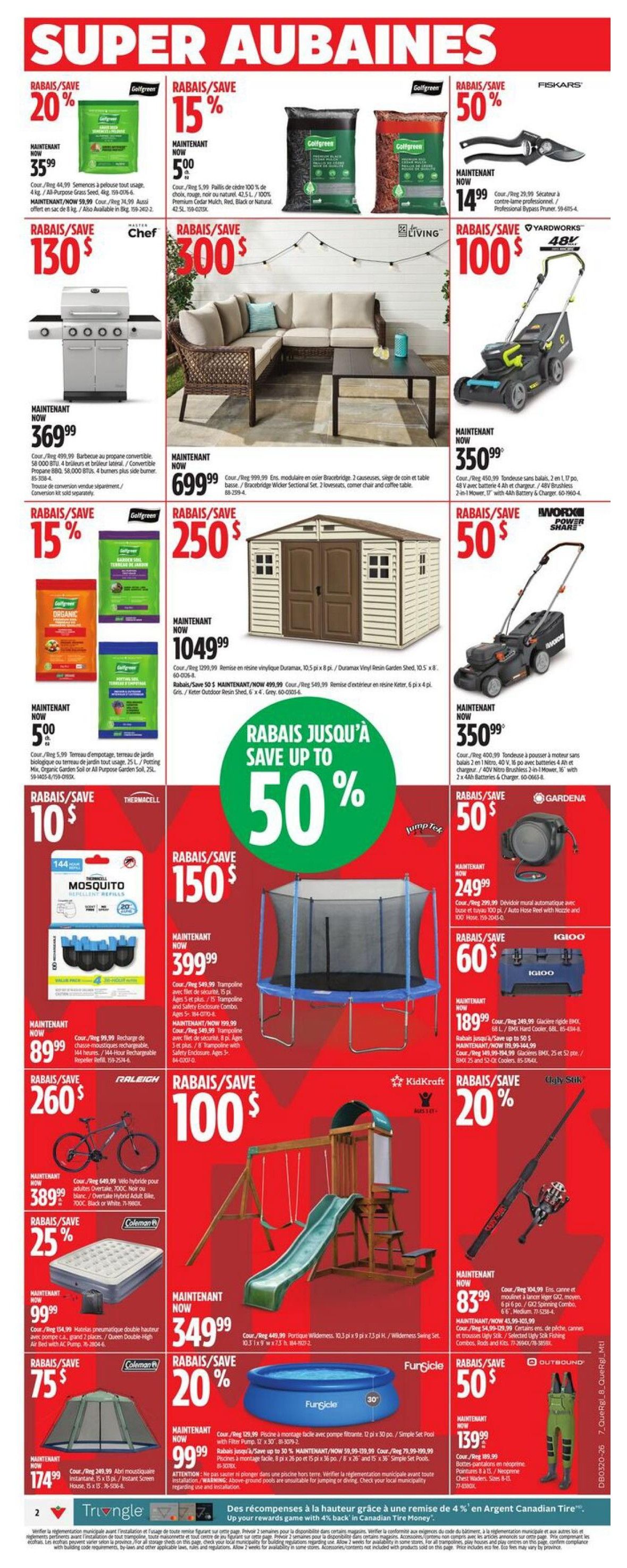 Canadian Tire Weekly Flyer Specials Page 4. Features 'Super Bargains' with significant savings. Top section includes Golfgreen All-Purpose Grass Seed, 4 kg, on sale for $35 with 20% off; Golfgreen Cedar Mulch, 100 L, for $5 with 15% off; and Fiskars Bypass Pruners for $14.99 with 50% off. Also featured is a Chef 4-burner propane barbecue for $130, and a Living modular patio sectional with coffee table and chair for $300. In the middle section, find a Duramax Vinyl Resin Garden Shed for $104.99 with 250% off, a Yardworks 48V Brushless Mower for $350.99, and a second Yardworks 48V Brushless Mower with batteries and charger for $350.99. A large trampoline with safety enclosure is on sale for $399.99 with 150% off. A KidKraft Wilderness swing set with slide is $349.99 with 20% off. A Fungicyle 30' Simple Set Pool with filter pump is $99.99 with 20% off. Other items include Thermacell Mosquito Repellent Refills for $10, a Raleigh hybrid bike for $260, a Coleman Queen Double-High Air Bed for $99.99 with 25% off, a Coleman 6-person instant screen tent for $75, a Gardena automatic hose reel for $249.99 with 50% off, an Igloo hard cooler for $60, and an Ugly Stik fishing rod and reel combo for $83.99 with 20% off. Also available are Outbound chest waders for $139.99. A banner at the bottom highlights 'Save up to 50%' on select items and a promotion for 4% back in Canadian Tire Money on rewards.