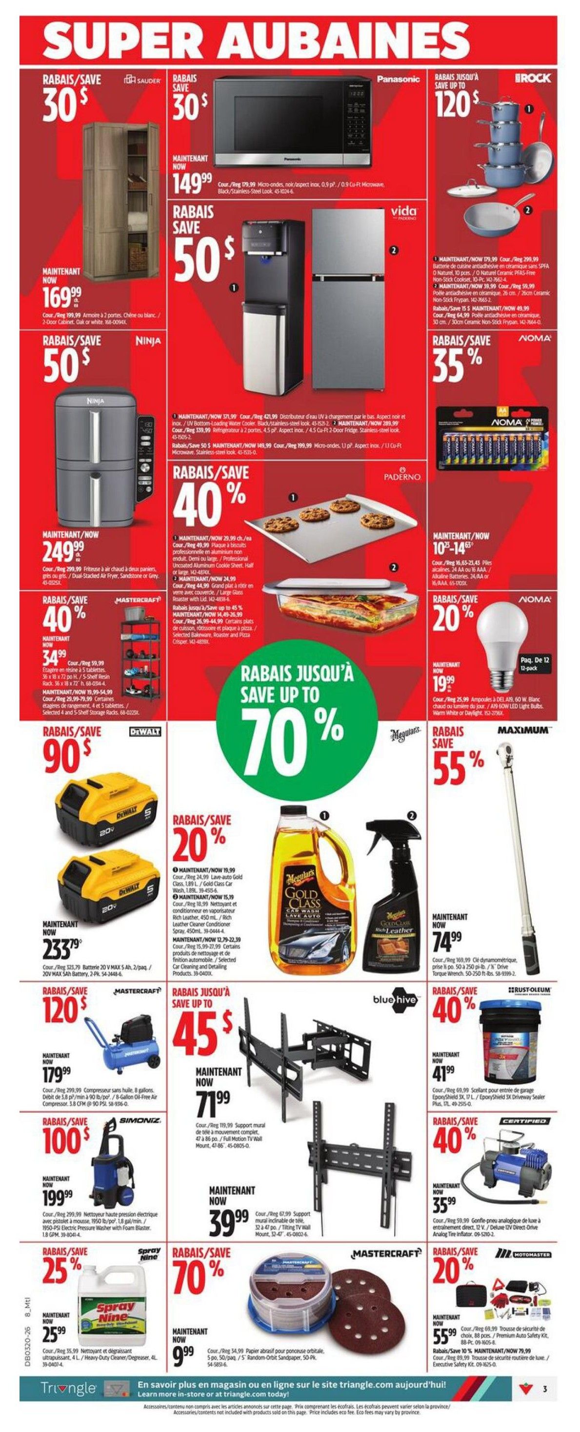 Canadian Tire Weekly Flyer Specials Page 5 features 'Super Aubaines' with significant savings. Highlights include a Sauder 2-door cabinet on sale for $169.99 (save $30), a Panasonic microwave for $149.99, and a Vida water cooler and refrigerator combo for $199.99. Erock cookware is up to $120 off. Ninja air fryer is $249.99 (save $50). Paderno baking sheets and casserole dishes are 40% off. Noma LED bulbs are 20% off. DeWalt 20V MAX batteries are $233.79 (save $90). Mastercraft 8-gallon air compressor is $179.99 (save $120). Simoniz electric pressure washer is $199.99 (save $100). Spray Nine cleaner is 25% off, now $25.99. Meguiar's Gold Class car wash and leather conditioner are 20% off. Maximum torque wrench is 55% off, now $74.99. Blue Hive tilting TV wall mounts are on sale from $39.99 to $71.99 (save up to 45%). Rust-Oleum driveway sealer is 40% off, now $41.99. Mastercraft orbital sander and sandpaper are 70% off, now $9.99. Motomaster safety kits are 20% off, now $55.99. Save up to 70% on select items.