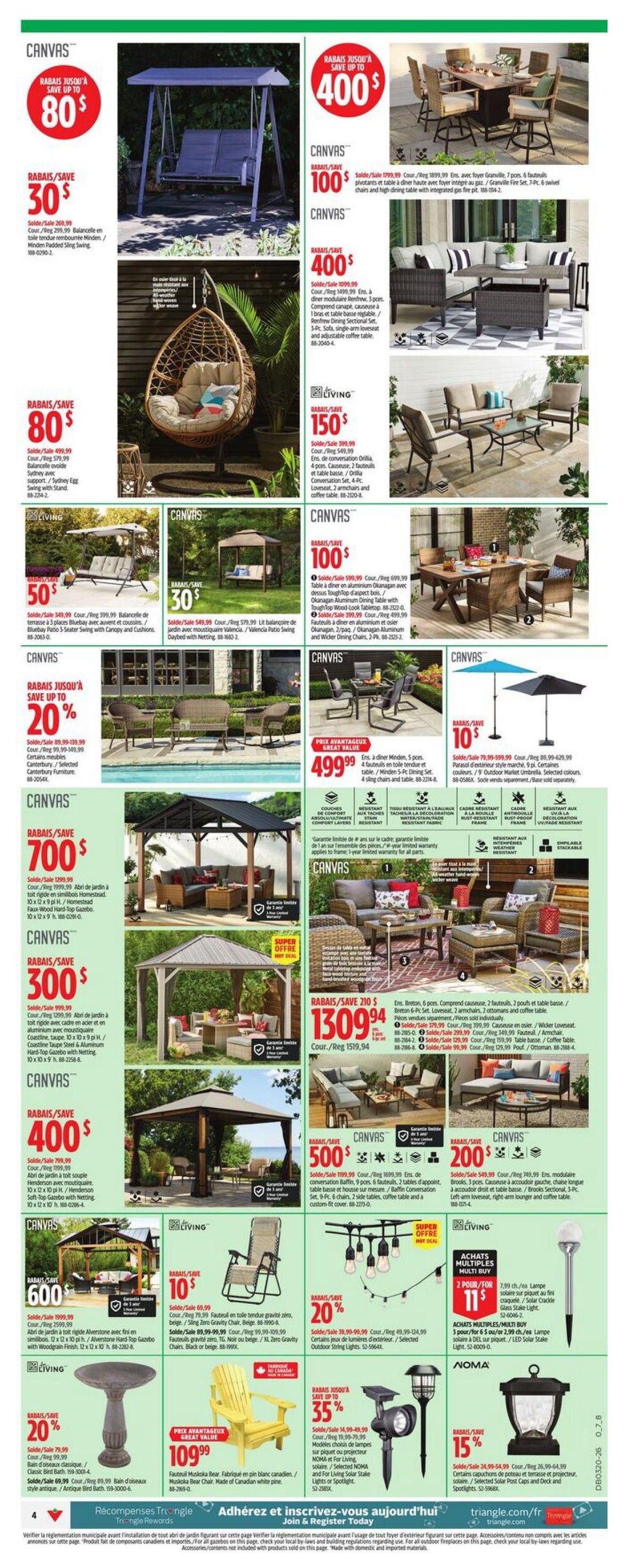 Canadian Tire weekly flyer specials page 7 features a wide selection of outdoor furniture and lighting. Highlights include a Canvas swing with up to $80 savings, a hanging egg chair with up to $80 savings, and a Bluebay patio 5-seater swing with cushions for $50. Outdoor dining sets are also featured, such as a Canvas 7-piece dining set with integrated gas fire pit for $100, and a Canvas 5-piece dining set for $499.99. Large gazebos are on sale, with a Canvas Faux Wood Top Gazebo for $700 and a Valencia Patio Swing Daybed with Netting for $30. Outdoor lighting options include a 20% discount on selected outdoor string lights, and NOMA solar stake lights for 2 for $11. Other items include a 15% discount on selected NOMA solar post caps and spotlights, and a yellow Muskoka chair made in Canada for $109.99. A bird bath is also available for 20% off.