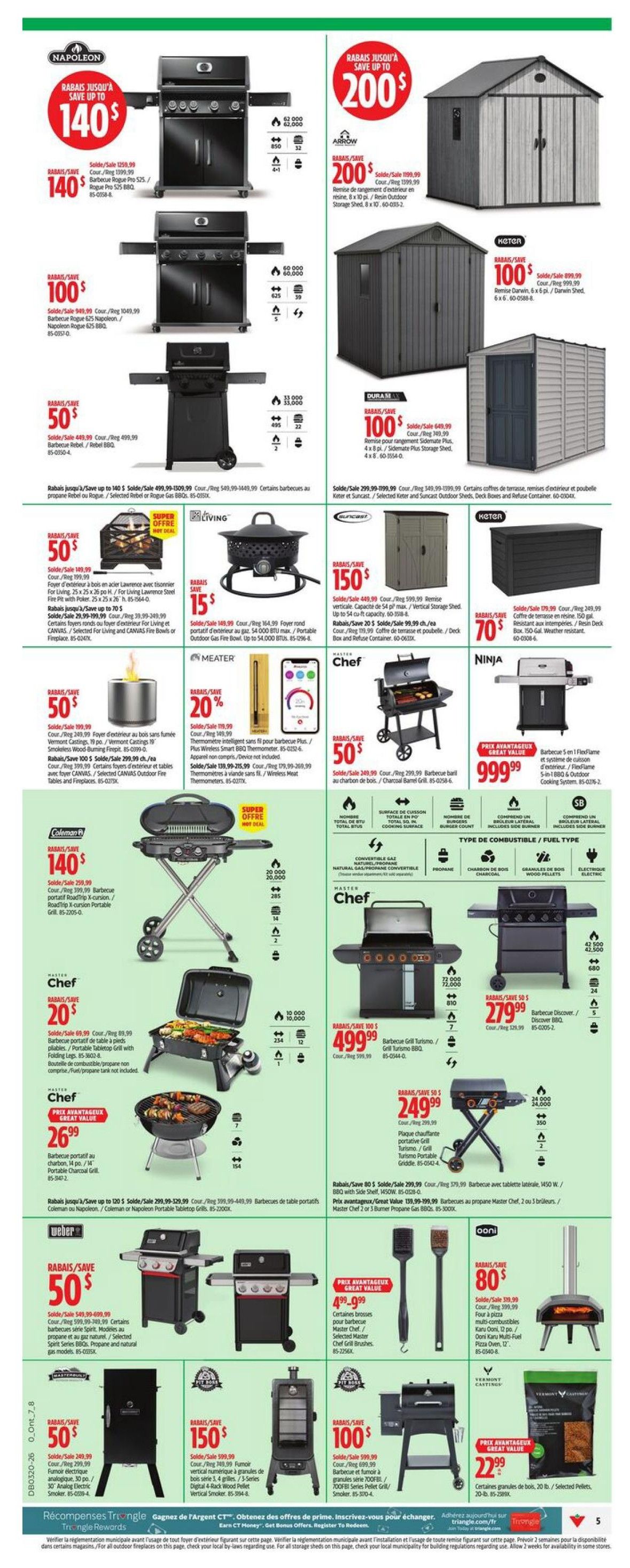 Page 8 of the Canadian Tire flyer features a wide selection of barbecues and outdoor storage solutions. Top deals include a Napoleon barbecue with savings up to $140, priced at $140.99, and another Napoleon barbecue for $100 off, selling for $849.99. An Arrow 8x10 ft. outdoor storage shed is on sale for $200, down from $399.99. Master Chef barbecues are featured with a 3-burner propane model for $279.99 (save $50) and a 4-burner model for $499.99. Other barbecues include a Coleman portable grill for $140.99, a Master Chef portable tabletop grill for $20.99, and a Master Chef charcoal barrel grill for $26.99. Outdoor living items include a For Living steel fire pit for $50 off, priced at $449.99, and a For Living outdoor fire bowl or fireplace for $50 off, priced at $199.99. A Master Chef smart thermometer is 20% off, selling for $179.99. Outdoor storage options include a Keter storage shed for $100 off, priced at $899.99, and a Duramax storage shed for $100 off, priced at $649.99. A Ninja 5-in-1 BBQ and outdoor cooking system is available for a great value price of $999.99. Other items include a Weber Spirit barbecue for $50 off, priced at $599.99, a Masterbuilt electric smoker for $50 off, priced at $249.99, a Masterbuilt pellet grill/smoker for $150 off, priced at $599.99, and a Masterbuilt 700 Series pellet grill/smoker for $100 off, priced at $699.99. Also featured is an Ooni Karu multi-fuel pizza oven for $80 off, priced at $399.99, and 20 lb. selected pellets for $22.99.