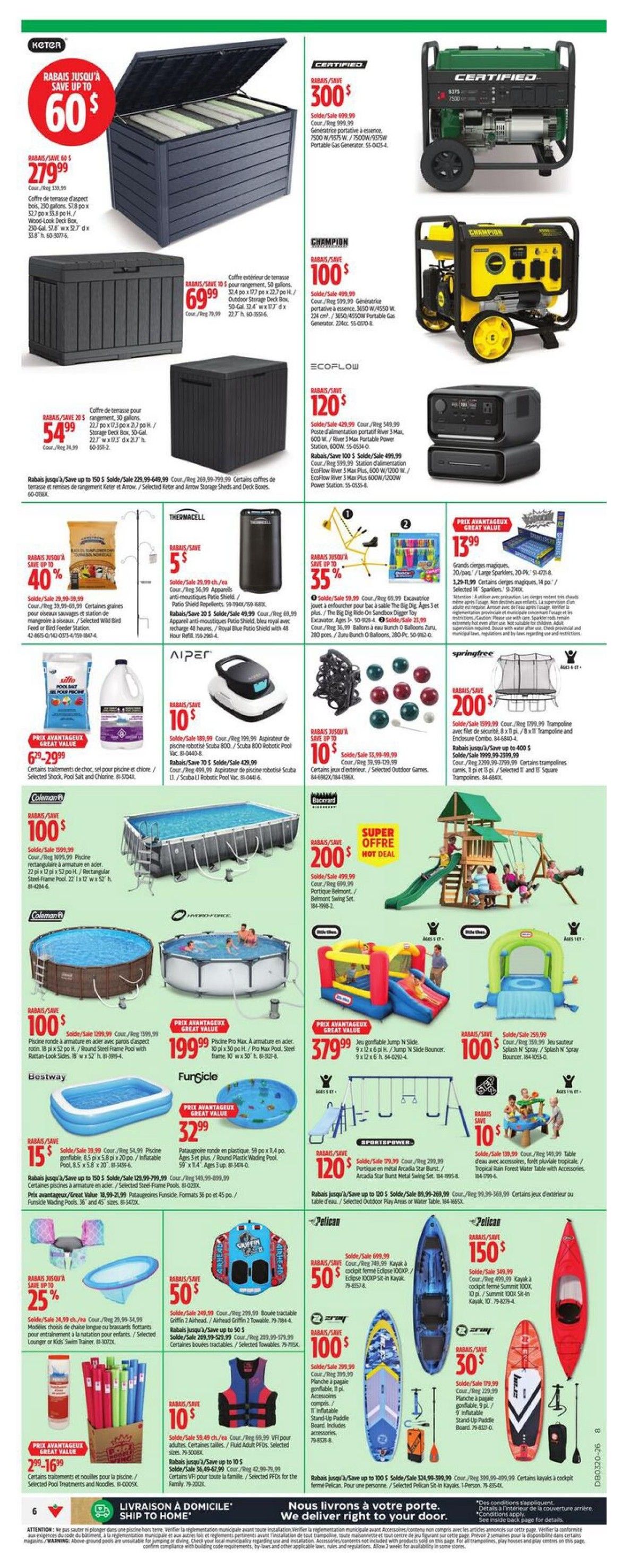 Canadian Tire weekly flyer specials page 9 features a variety of outdoor and recreational items. Large Keter storage boxes are on sale, with a 200-gallon deck box for $279.99 (save up to $60) and a 50-gallon outdoor storage deck box for $69.99 (save $10). Certified portable gas generators are available, including a 7500W model for $300 (sale price, reg $699.99) and a Champion 4550W model for $100 (sale price, reg $499.99). Ecoflow portable power stations are on sale, with a 600W model for $120 (sale price, reg $540.99) and a 1200W model for $100 (sale price, reg $499.99). Thermacell patio shield insect repellers are 40% off, with select models for $39.99. Aiper robotic pool cleaners are 10% off, with the Scuba 800 model for $199.99 and the Scuba L1 for $199.99. Coleman outdoor pools are featured, including a 100' rectangular steel-frame pool for $159.99 (save $100) and a 100' round steel-frame pool with rattan-look sides for $100 (save $100). Bestway inflatable pools are on sale, with a 15' inflatable pool for $15 (save $15). Hydro-Force inflatable pools include a 10' pool for $199.99. Springfree trampolines are $200 off, with the 8x11 ft trampoline and enclosure combo for $499.99 (sale price, reg $699.99). Backyard Discovery play structures include the 'Big Dig' sandbox excavator for $59.99 (save 35%) and a swing set for $100 (sale price, reg $299.99). A 'Jump 'n Slide' inflatable bounce house is $379.99. Pelican kayaks are on sale, with a cockpit-style kayak for $50 (sale price, reg $299.99) and a Summit 100X kayak for $150 (sale price, reg $349.99). Stand-up paddleboards are available, with a 9 ft inflatable board for $100 (sale price, reg $299.99) and a 9 ft inflatable board for $30 (sale price, reg $109.99). Other items include selected pool treatments and noodles for $6.29-$29.99, a life jacket for $10 (sale price, reg $59.49), and a fishing rod and reel combo for $10 (sale price, reg $49.99).