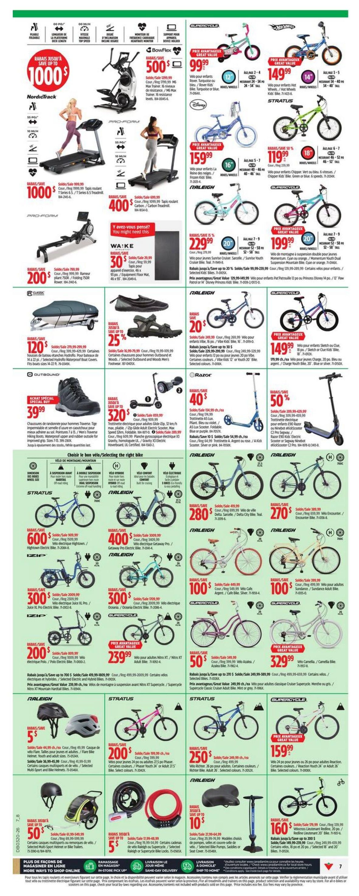 Canadian Tire weekly flyer specials page 10 features a wide selection of fitness equipment and bicycles. Save up to $1000 on NordicTrack equipment, including the NordicTrack 1000 treadmill for $1000 and the ProForm Carbon/Carbon Treadmill for $400. Bowflex savings include the Bowflex Max Trainer M6 for $500. Other fitness items include the Wake 750R Power Tower for $200, Outbound Hydrofoil Boat Covers for $120, and Outbound Men's Footwear for $39.99. Save up to 25% on Outbound and Woods Men's Footwear. Bicycle offerings include Raleigh, Stratus, and Supercycle brands. Featured bikes include the Raleigh Hightown Electric Bike for $600, Raleigh Getaway Electric Bike for $400, Raleigh Juice XL Pro Electric Bike for $300, and IZIP Polo Electric Bike for $200. Also available are Raleigh, Stratus, and Supercycle kids' bikes starting at $99.99, with savings up to 50% on select models. Raleigh bikes for adults are available starting at $270, including the Delta City Bike for $280 and the Encounter Bike for $270. Supercycle bikes include the Camellia Bike for $329.99 and the Sundance/Sundance Adult Bike for $100. Other accessories include Raleigh and Supercycle helmets starting at $5, and a selection of bike trailers for $50. Also featured are bike locks and pumps with savings up to 50% and 10% respectively. Save up to $1000 on NordicTrack, $400 on ProForm, $500 on Bowflex, $200 on Wake, $120 on Outbound, $39.99 on Outbound footwear, and up to 25% on select footwear. Bicycle savings include up to 50% on select kids' bikes, $600 on Raleigh Hightown, $400 on Raleigh Getaway, $300 on Raleigh Juice XL Pro, $200 on IZIP Polo, $270 on Raleigh Encounter, $280 on Raleigh Delta City, and $329.99 on Supercycle Camellia. Additional savings include $100 on Sundance/Sundance Adult Bike, $5 on Raleigh/Supercycle helmets, up to 50% on bike trailers, and up to 10% on bike locks and pumps.