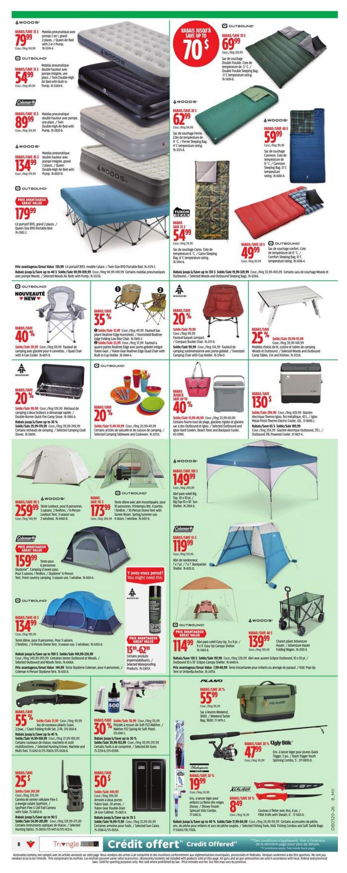 Canadian Tire weekly flyer specials page 11 features a wide selection of camping and outdoor gear. Highlighted items include Woods inflatable air mattresses starting at $54.99, Outbound portable beds for $179.99, and various Woods sleeping bags from $59.99 to $62.99. Also featured are camping chairs with savings up to 40%, including the Woods Edge Foldable Chair for $31.99. Outdoor cooking and dining options include the Selected Camping Cook Stoves for $129.99 and a 20-piece camping tableware set for $20.99. Tents are available with savings up to 50%, such as the Woods Lookout Tent for $259.99 and the Outbound 6-person Dome Tent for $134.99. For shelter, the Woods Big Top tent is $149.99, and the Coleman 7x7ft Backpacker Shelter is $119.99. Other deals include a 55% discount on Coleman knives and multi-tools, a 30% saving on Walther P22 spring air soft pistol, and 25% off the Flex-5 solar spy point trail camera. Security options include a 50% off two-door Yukon Gear safe. For fishing enthusiasts, there's a 20% discount on Ugly Stik fishing rods and reels, and a 50% off Xcalibur fishing knives and soft tackle bags. Coolers and storage solutions include the Igloo Hard Coolers for $159.99 and a 40% discount on Outbound and Woods coolers and beach totes.