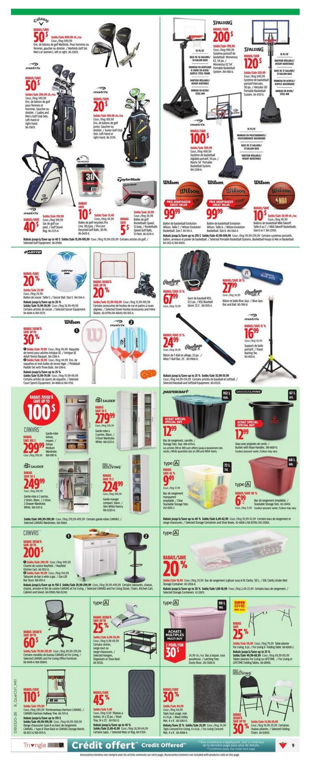 Canadian Tire weekly flyer specials page 12 featuring a wide range of sporting goods and home organization items. Top of the page showcases Callaway golf clubs and bags with savings up to $50, and Spalding portable basketball systems starting at $120. Matrix portable basketball systems are available for $100 and $200. Wilson basketballs, including the Evolution and NBA models, are priced at $99.99. Other sporting goods include Rawlings baseball gloves for $67.99, a Blue Jays baseball bat and ball set for $27.99, and Wilson tennis rackets and Matrix pickleball sets starting at $24.99. Lotto soccer balls are on sale for $25.99. Home organization solutions include CANVAS wardrobes and storage units with savings up to $100, Sauder 3-door wardrobes for $279.99, and Living pantry organizers for $224.99. Mastercraft storage totes are on special buy for $12.99. Type A storage containers are available in various sizes, with a 72 L container for $9.49 and a 68 L container for $6.99. Canvas kitchen islands are priced at $299.99, and a kitchen cart is $249.99. A bar stool is $224.99. Other items include a 25% discount on selected hangers, a 2-for-$30 multi-buy offer on Lifetime Dusty Rose storage totes, and a 25% saving on Living folding tables. Floor mats are on sale for $5.49 (45% off) and $6.49 (30% off). Folding chairs are 50% off, starting at $14.99.