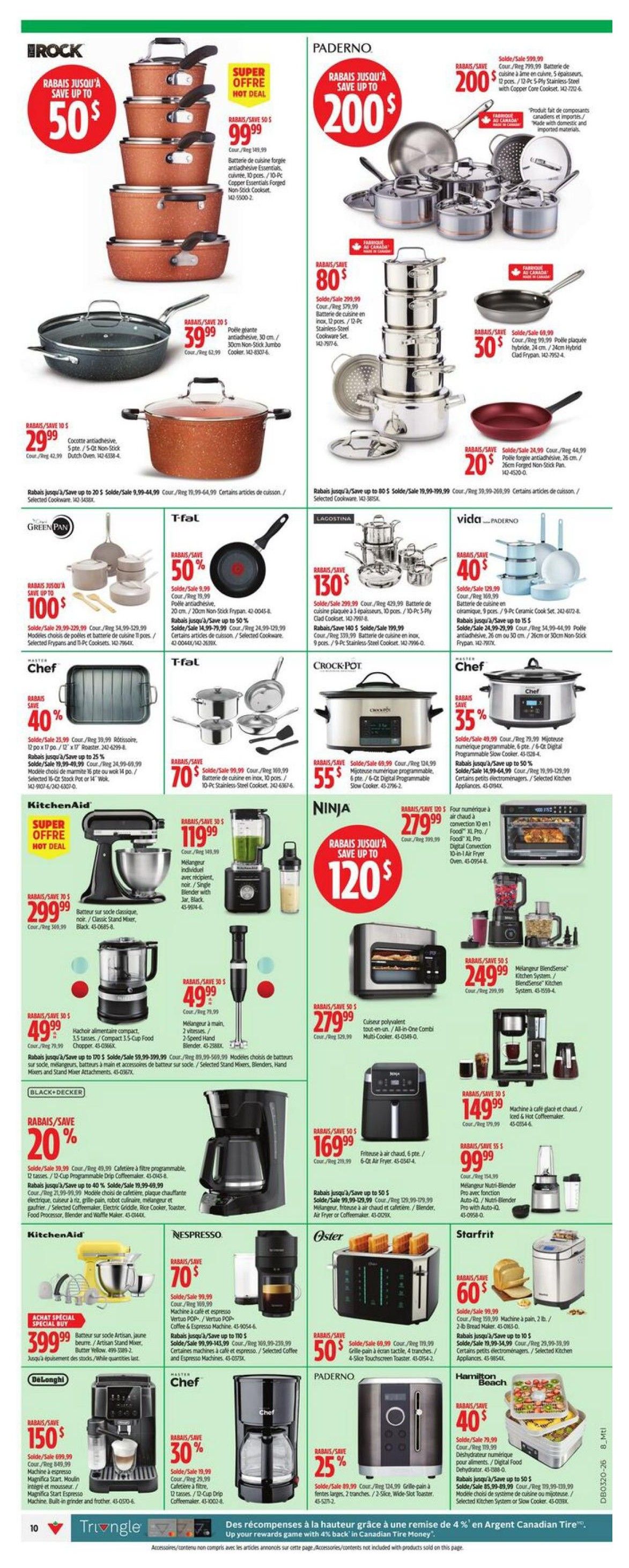 Canadian Tire weekly flyer specials page 13 featuring a wide selection of kitchenware and small appliances. Brands include iROCK, Paderno, GreenPan, T-Fal, Lagostina, vida, Chef, Crock-Pot, KitchenAid, Ninja, Oster, Nespresso, Paderno, DeLonghi, and Hamilton Beach. Deals include up to 50% off iROCK cookware, up to $200 savings on Paderno cookware sets, 40% off Chef roasting pans, 50% off T-Fal non-stick frying pans, 40% off vida ceramic cookware, 35% off Chef slow cookers, up to $120 savings on KitchenAid stand mixers, 50% off Ninja blenders and multi-cookers, 20% off Black+Decker coffee makers, 70% off Nespresso Vertuo POP coffee and espresso machines, 50% off Oster 4-slice touch screen toasters, 25% off Paderno 2-slice wide-slot toasters, and 40% off Hamilton Beach food dehydrators and slow cookers. Prices are clearly displayed for various items like the iROCK 10-piece forged non-stick cookware set for $99.99, Paderno 12-piece stainless-steel cookware set for $299.99, and KitchenAid Artisan stand mixer for $299.99.