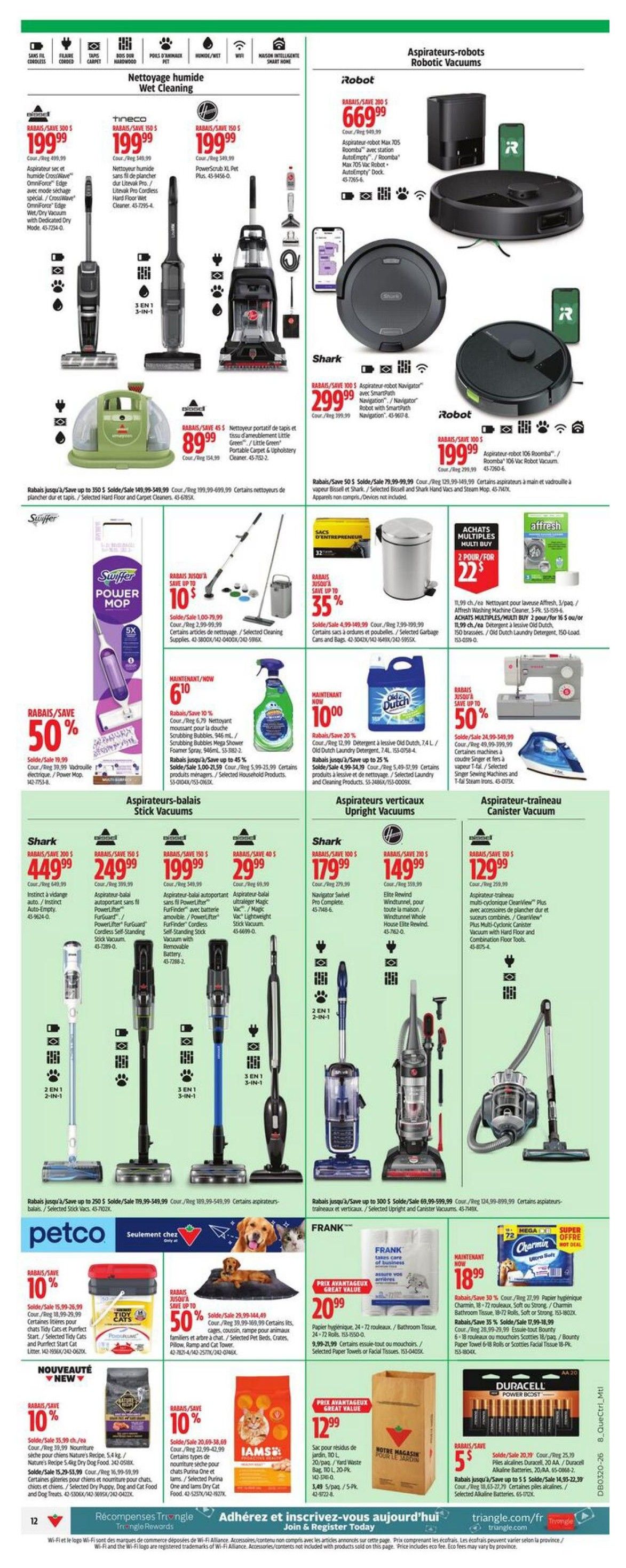 Canadian Tire weekly flyer specials page 15 features a variety of cleaning appliances and pet supplies. Top section showcases wet cleaning vacuums with deals like the Bissell PowerWash Pet Upright Carpet Cleaner for $199.99. Robotic vacuums include the iRobot Roomba 705 for $669.99 and the Shark Navigator Robot with SmartPath for $299.99. Stick vacuums are on sale, with the Shark PowerFinfiter Cordless Stick Vacuum at $199.99 and the Bissell Lightweight Stick Vacuum for $29.99. Upright vacuums include the Shark Navigator Swivel Pro Complete for $179.99 and the Bissell Windtunnel Whole House Elite Rewind for $149.99. A Bissell Canister Vacuum is available for $129.99. The bottom section highlights pet products and household essentials. Petco offers 10% off Tidy Cats litter and Purina One cat food. Frank offers 24-72 pack bathroom tissue for $20.99. Duracell batteries are 5 for $5. Old Dutch laundry detergent is $10.00. Charmin Mega Roll toilet paper is on special offer.
