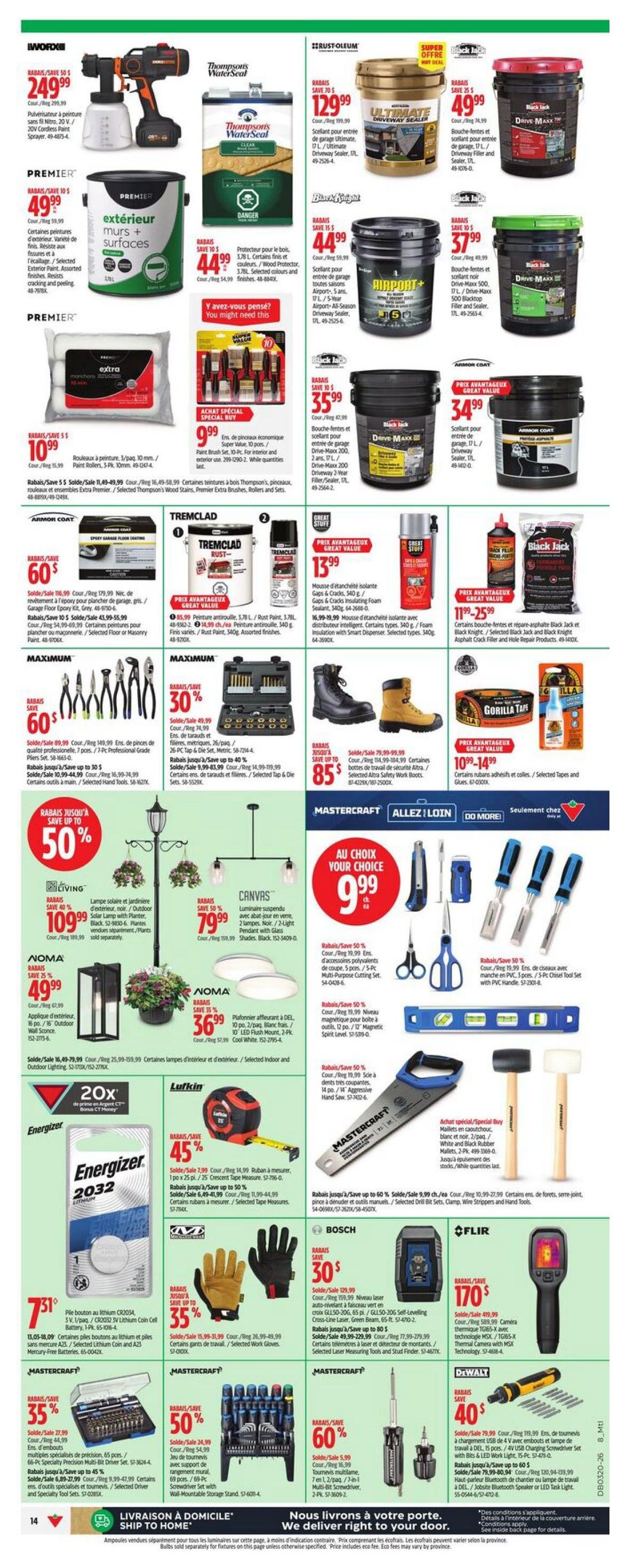 Canadian Tire weekly flyer specials page 17 features a wide range of home improvement and tool deals. Top offers include a Worx Sprayer for $249.99, Premier Exterior Paint for $49.99, and Thompson's WaterSeal for $44.99. Rust-Oleum Ultimate Driveway Sealer is on sale for $129.99, with Black Jack driveway sealers starting at $37.99. Tremclad Rust Paint is $15.99, and Great Stuff Expanding Foam is $13.99. Maximum brand offers include a 7-piece professional grade pliers set for $60 and a 26-piece tap and die set for $49.99. Outdoor living items include a solar garden lamp for $109.99 and Noma outdoor wall sconces for $49.99. Canvas pendant lights are $79.99. Mastercraft offers a selection of tools for $9.99, including chisels and scissors. Energizer 2032 Lithium Coin Cell Batteries are $7.31. Lufkin tape measures are 45% off. Bosch laser levels are 30% off, and FLIR thermal cameras are 170% off. DeWalt cordless screwdrivers are $40. Mastercraft tool sets are up to 60% off. Also featured are work gloves, safety boots, and various adhesives and tapes.