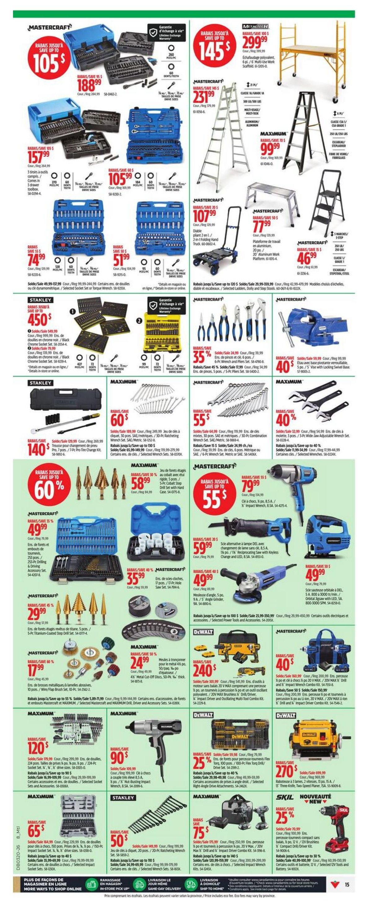 Canadian Tire weekly flyer specials page 18 features a wide selection of Mastercraft, Stanley, Maximum, and DeWalt tools and accessories. Highlights include Mastercraft socket sets with savings up to $105, starting at $188.99, and a Mastercraft 260-piece socket set for $105.99. Also featured are Mastercraft ladders, including a 14-foot multi-use ladder for $231.99 and a 10-foot step ladder for $107.99. Other deals include a Mastercraft 7-piece socket set for $74.99, a 95-piece socket set for $51.99, and a Stanley 450-piece socket set for $450. Tool deals include Mastercraft drill and driver combo kits, reciprocating saws, angle grinders, and impact drivers. Maximum brand offers include a 30-piece socket set for $58.99, a 120-piece socket set for $120.99, and a 65-piece impact socket set for $65. DeWalt offers a 240-piece tool set and a 100-piece flex drill set. Savings are highlighted throughout the page with discounts up to 60% off on select items.