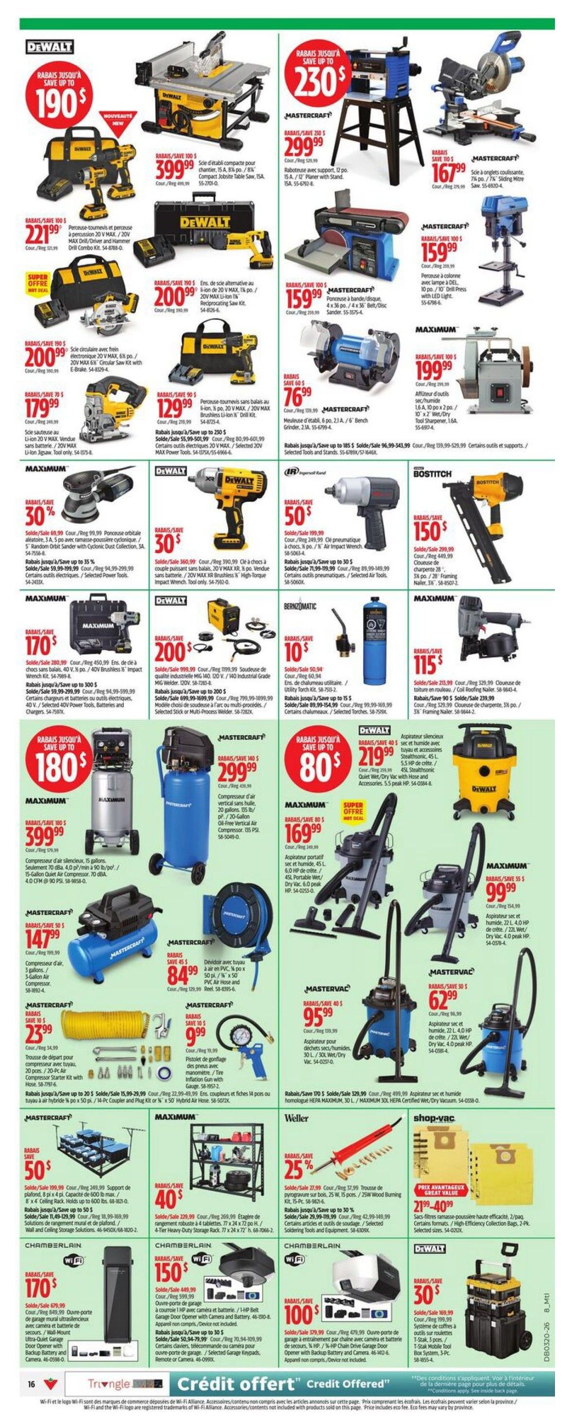 Canadian Tire weekly flyer specials page 19 features a wide range of DeWalt, Mastercraft, Maximum, Bostitch, Bernzomatic, and shop-vac power tools and accessories. Highlights include a DeWalt 10-inch jobsite table saw on sale for $399.99, a Mastercraft 12-inch sliding mitre saw for $167.99, and a DeWalt 20V MAX XR Brushless high-torque impact wrench for $219.99. Also featured are various air compressors, including a Mastercraft 3-gallon compressor for $147.99 and a 20-gallon vertical air compressor for $299.99. Other deals include a Mastercraft 18-piece bench grinder for $159.99, a Bostitch 18-gauge framing nailer for $150, and a selection of shop-vacs starting at $99.99. Additionally, there are Chamberlain Wi-Fi garage door openers on sale for $100 and $170, and a Weller 25-piece wood burning kit for $27.99. The page also showcases a Mastercraft 4-tier heavy-duty storage rack for $229.99 and a DeWalt 3-piece T-Stack tool box system for $169.99.