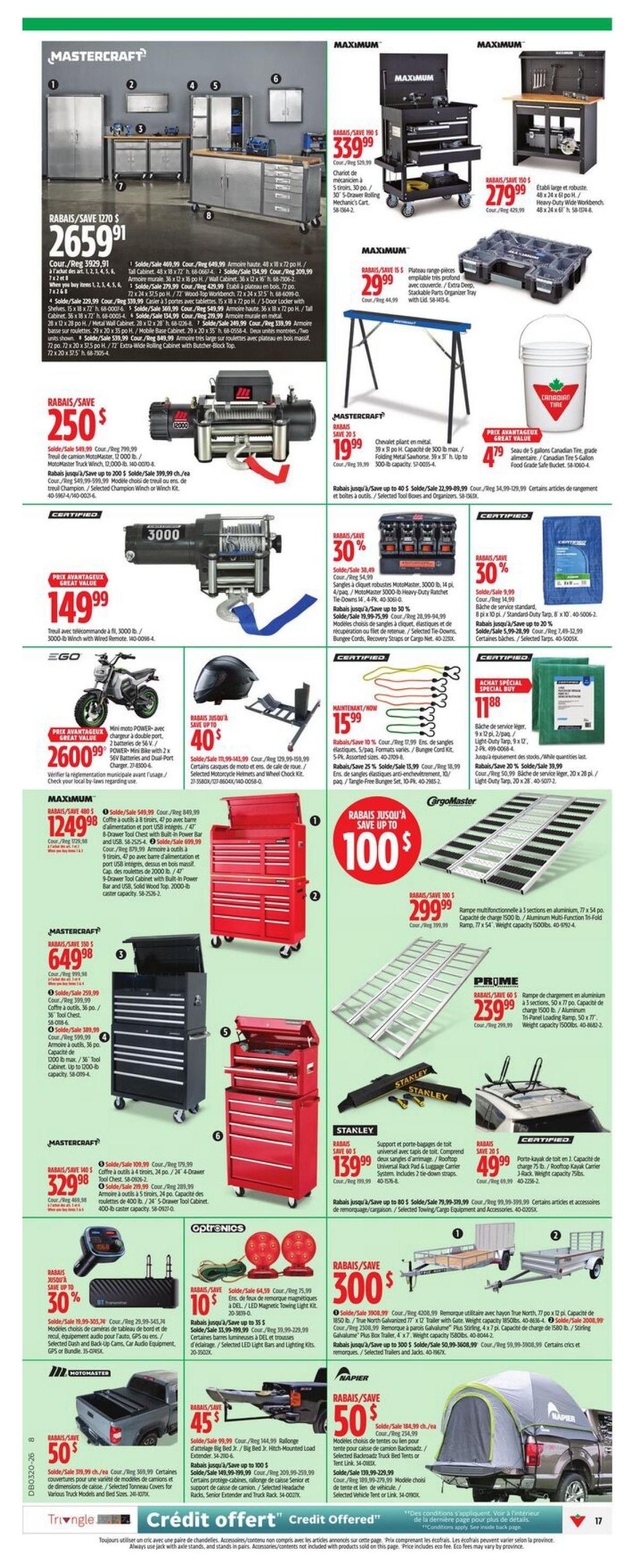 Canadian Tire weekly flyer specials, page 20. Features a large Mastercraft stainless steel garage storage system for $2659.91, a Maximum 5-drawer rolling mechanics cart for $339.99, and a Maximum 48 x 24 inch heavy-duty workbench for $279.99. Also available are a Mastercraft 3000 lb. electric winch with remote for $149.99, a Mastercraft 12000 lb. electric winch for $250 off, and a Mastercraft 3000 lb. heavy-duty winch for $19.99. Other items include an EGO electric mini-moto power bike for $2600, selected motorcycle helmets and wheel chocks for $40 off, a Maximum 1500 lb. capacity 3-fold aluminum ramp set for $299.99, and a Pro-Me 1500 lb. capacity aluminum ramp set for $239.99. Tool chests are on sale: a Mastercraft 36-inch 9-drawer tool chest for $649.98, a Mastercraft 24-inch 4-drawer tool chest for $329.98, and a red 9-drawer tool chest for $1249.98. A Stanley 60-inch universal roof rack pad set is $139.99. Optronics LED magnetic towing lights are 30% off. A Canadian Tire 5-gallon food grade safe bucket is $4.79. Certified items include a Standard Tarp for $14.99 and a Light-Duty Tarp for $11.88. Motomaster 77 x 12 ft. galvanized trailer is $300 off. A Napier truck tent is 50% off. A Mastercraft 20 ft. trailer is also $300 off.