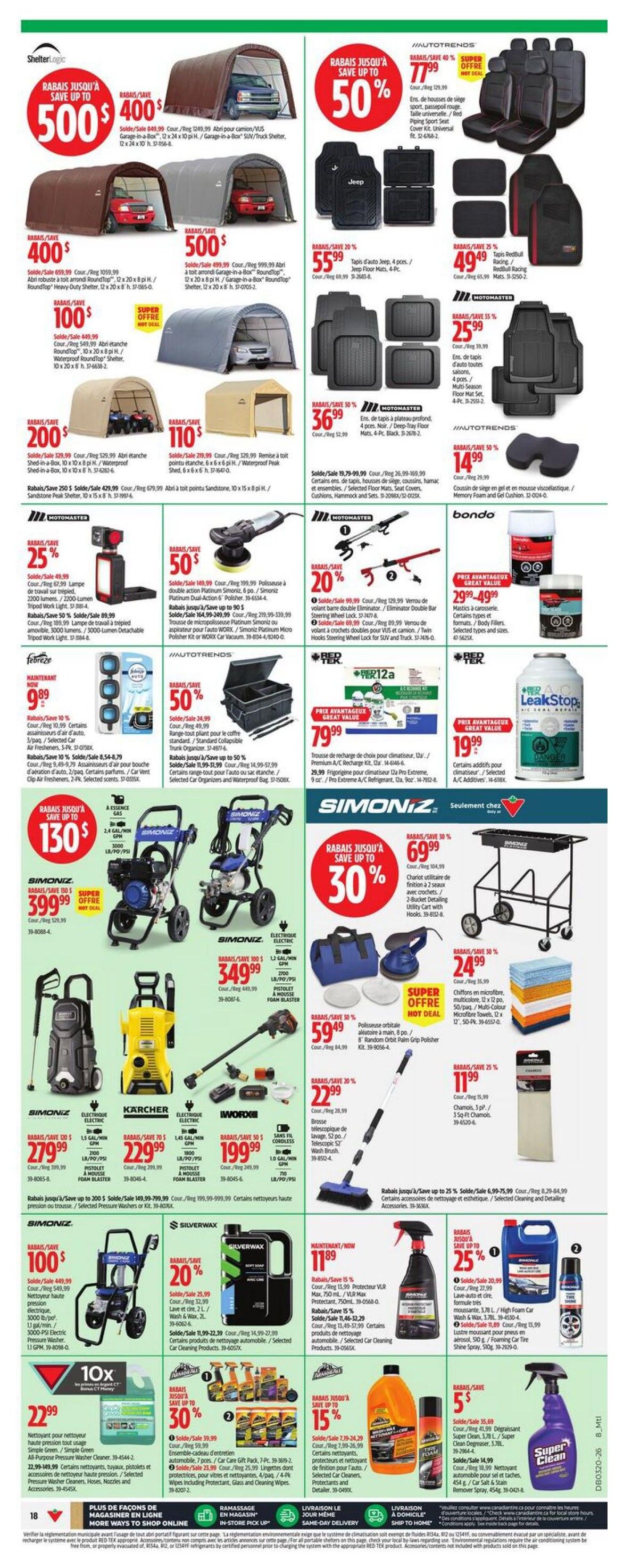 Canadian Tire weekly flyer specials page 21 features a wide range of automotive and home maintenance products. Top offers include up to $500 savings on ShelterLogic storage shelters, with various sizes like 12x24x10 ft and 12x20x8 ft available. Autotrends offers seat covers and floor mats, with savings up to 50% on select items. Motomaster products include a 25% discount on 4-piece all-weather floor mats. Other storage solutions include a 30% discount on Motomaster Deep-Tray floor mats. Simoniz offers pressure washers and cleaning accessories, with savings up to $130 on select electric pressure washers and up to 30% off on select cleaning kits. Karcher offers a 1.5 GPM electric pressure washer for $229.99. Iwox offers a cordless telescopic wash brush for $199.99. Silverwax provides car cleaning products with a 20% discount on select items. Various automotive cleaners and detailing products are also featured, including a 15% discount on a 3-pack of car wash and wax, and a 25% discount on foam car wash. A 50% discount is available on a portable cooler. LeakStop offers a 9 oz. Pro Extreme A/C refrigerant for $19.99. Additional offers include a 30% discount on a random orbit palm grip polisher and a 20% discount on multi-colour microfiber towels.