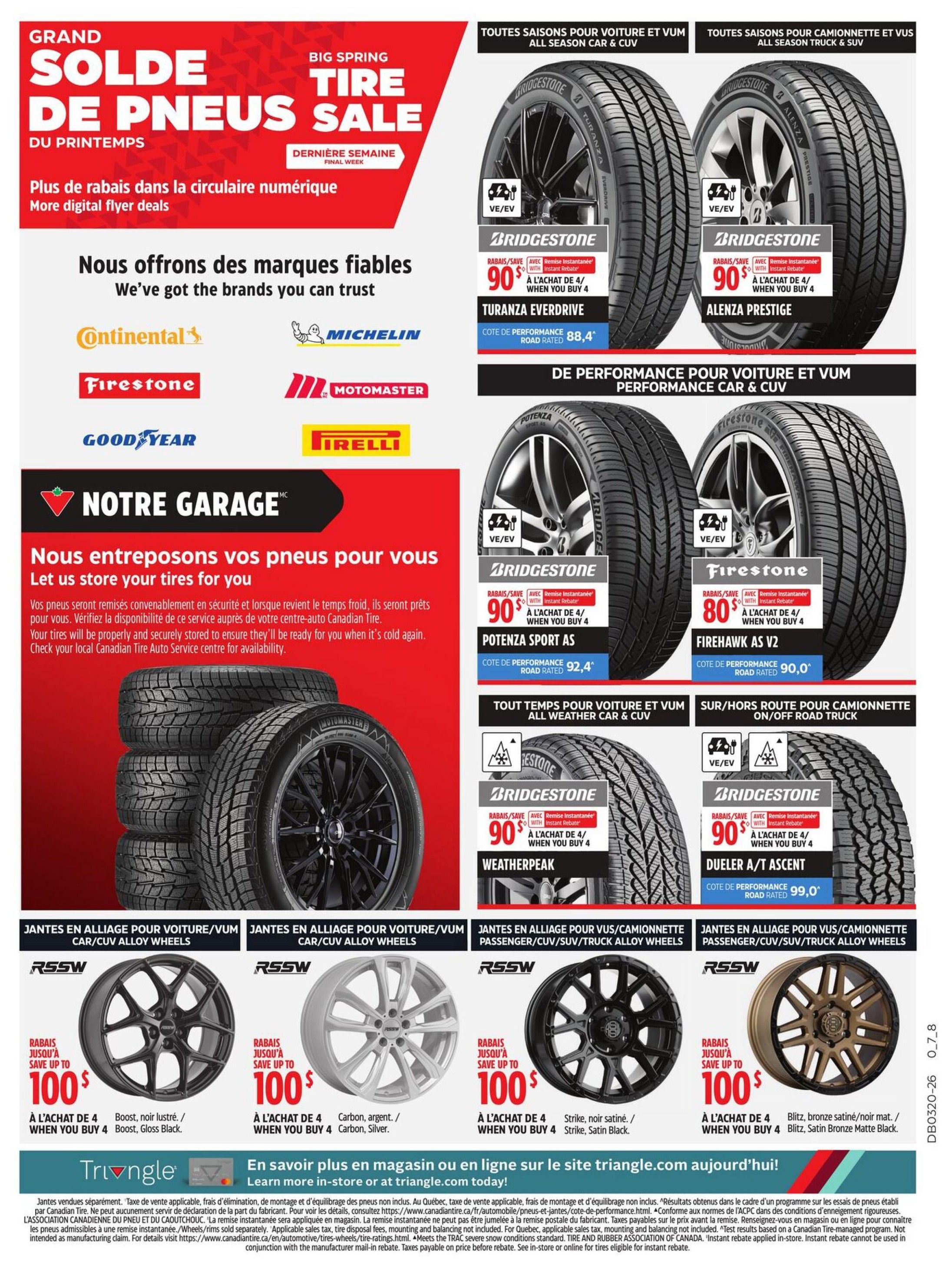 Canadian Tire weekly flyer specials page 25 features a Grand Spring Tire Sale with 'More digital flyer deals'. The page showcases various tire brands including Continental, Michelin, Firestone, Motomaster, Goodyear, and Pirelli. Featured tires include Bridgestone Turanza Everdrive and Alenza Prestige, both with 90% instant rebate when you buy 4, and Bridgestone Potenza Sport AS and Firestone Firehawk AS V2 with 80% instant rebate when you buy 4. Also on sale are Bridgestone Weatherpeak all-season tires and Dueler A/T Ascent tires, both with 90% instant rebate when you buy 4. The flyer also highlights Rssw alloy wheels for cars and SUVs, with savings up to $100 when you buy 4, available in Boost, Gloss Black, Carbon, Silver, Strike Satin Black, and Blitz Satin Bronze Matte finishes. The 'Notre Garage' section offers tire storage services. Learn more in-store or at triangle.com.