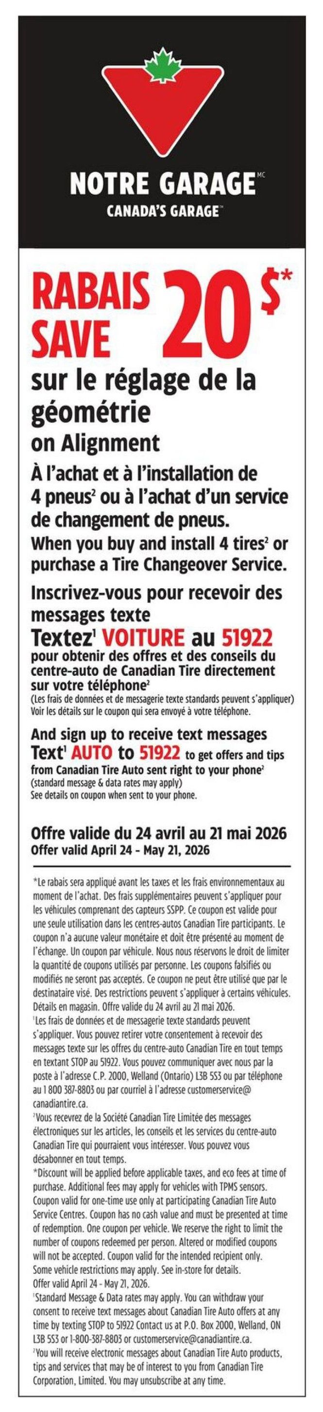 Canadian Tire Auto Centre specials: Save $20 on wheel alignment when you buy and install 4 tires or a tire changeover service. Text 'AUTO' to 51922 to receive offers and tips from Canadian Tire Auto directly to your phone. Offer valid from April 24 to May 21, 2026. Standard message and data rates may apply. See in-store for details. This page is part of a 33-page flyer.