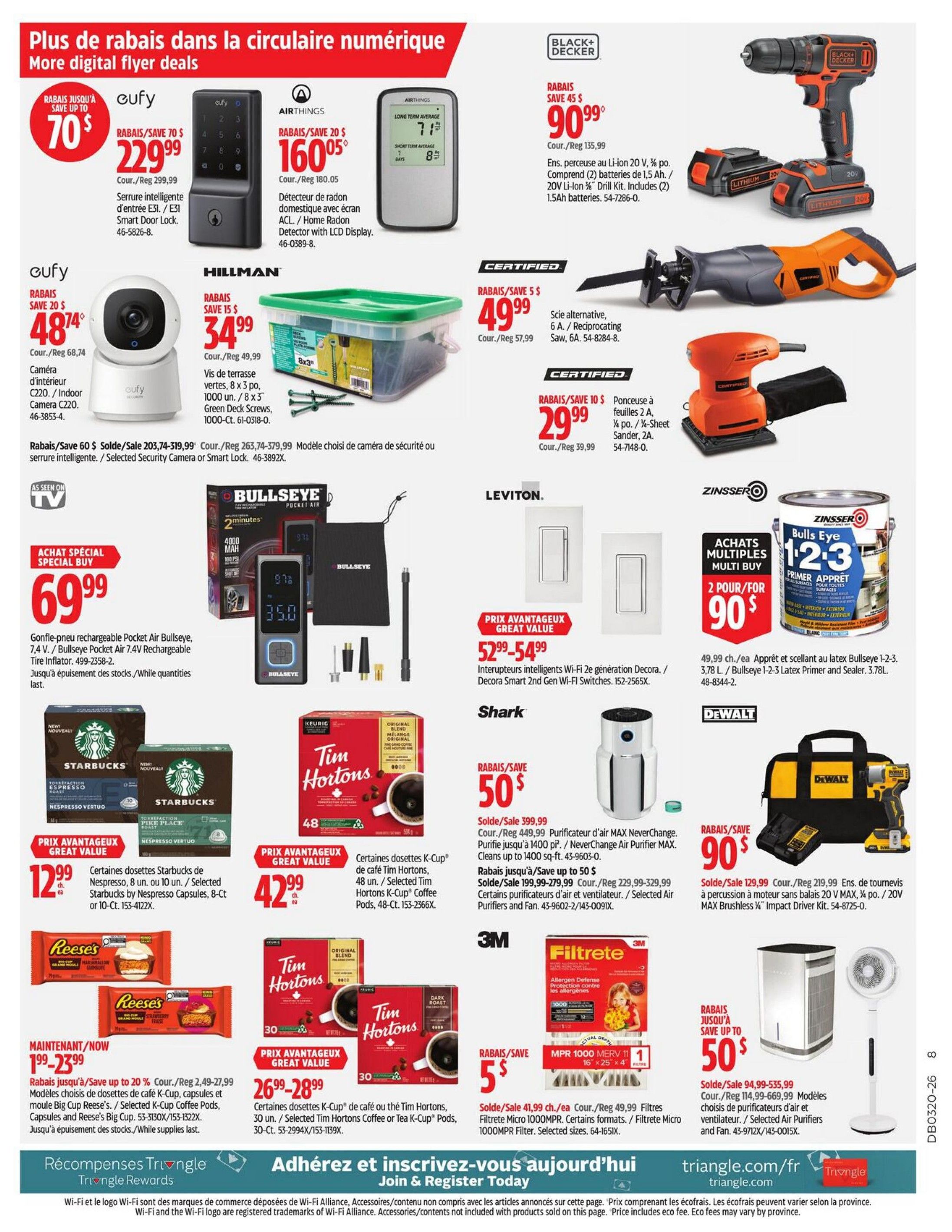 Page 28 of the Canadian Tire flyer features a variety of deals. Top offers include the Eufy Smart Door Lock for $229.99 (save $70), and the Airthings Radon Detector for $160.05 (save $20). Also featured is the Eufy Indoor Camera C220 for $48.74 (save $20), and Hillman Green Deck Screws (1000-ct) for $34.99 (save $15). Power tool deals include a Black+Decker 20V Drill Kit for $90.99 (save $45), a Certified Reciprocating Saw for $49.99 (save $5), and a Certified Sheet Sander for $29.99 (save $10). The Bullseye Pocket Air 7.4V Rechargeable Tire Inflator is on special for $69.99. Coffee and beverage deals include Starbucks K-Cup pods for $12.99, and Tim Hortons K-Cup pods for $42.99. Reese's Big Cups are available for $1.99-$23.99. Tim Hortons K-Cup pods are also on sale for $26.99-$28.99. The Shark MAX NeverChange Air Purifier is $50.99 (save $50). Finally, a DeWalt Impact Driver Kit is $90.99 (save $90), and a Filtrete Micro 1000MPR Filter is $5.49. An air purifier and fan combo is available for $50.99 (save up to $50).