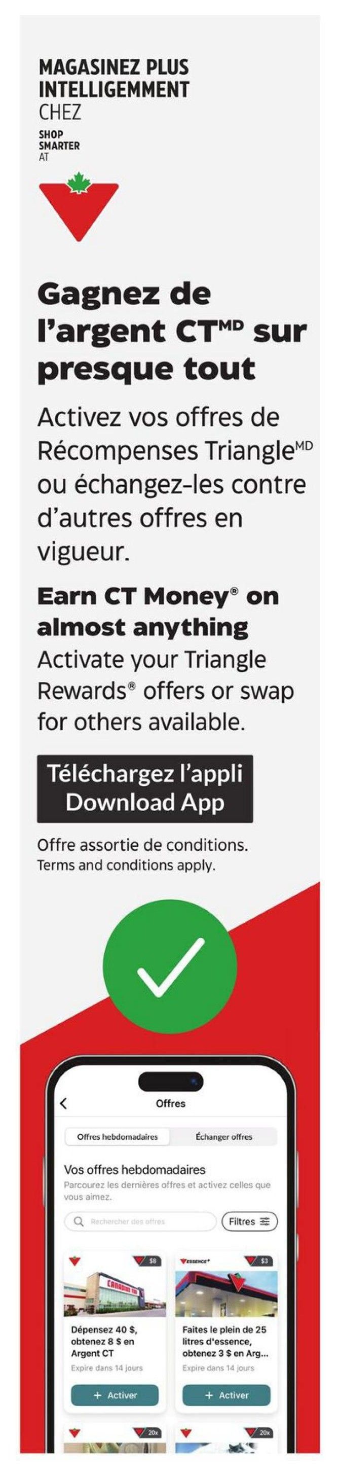 Canadian Tire weekly flyer specials page 29. This page promotes earning CT Money by shopping smarter. It highlights the 'Earn CT Money on almost anything' offer, encouraging users to activate Triangle Rewards offers or swap for other available offers. The page also features a call to action to download the app. Below, a mobile app interface displays 'Your weekly offers' with options to browse or exchange offers. Two specific offers are visible: Spend $40, get $8 in CT Money, expiring in 14 days, and fill up 25 litres of gas, get $3 in CT Money, also expiring in 14 days.