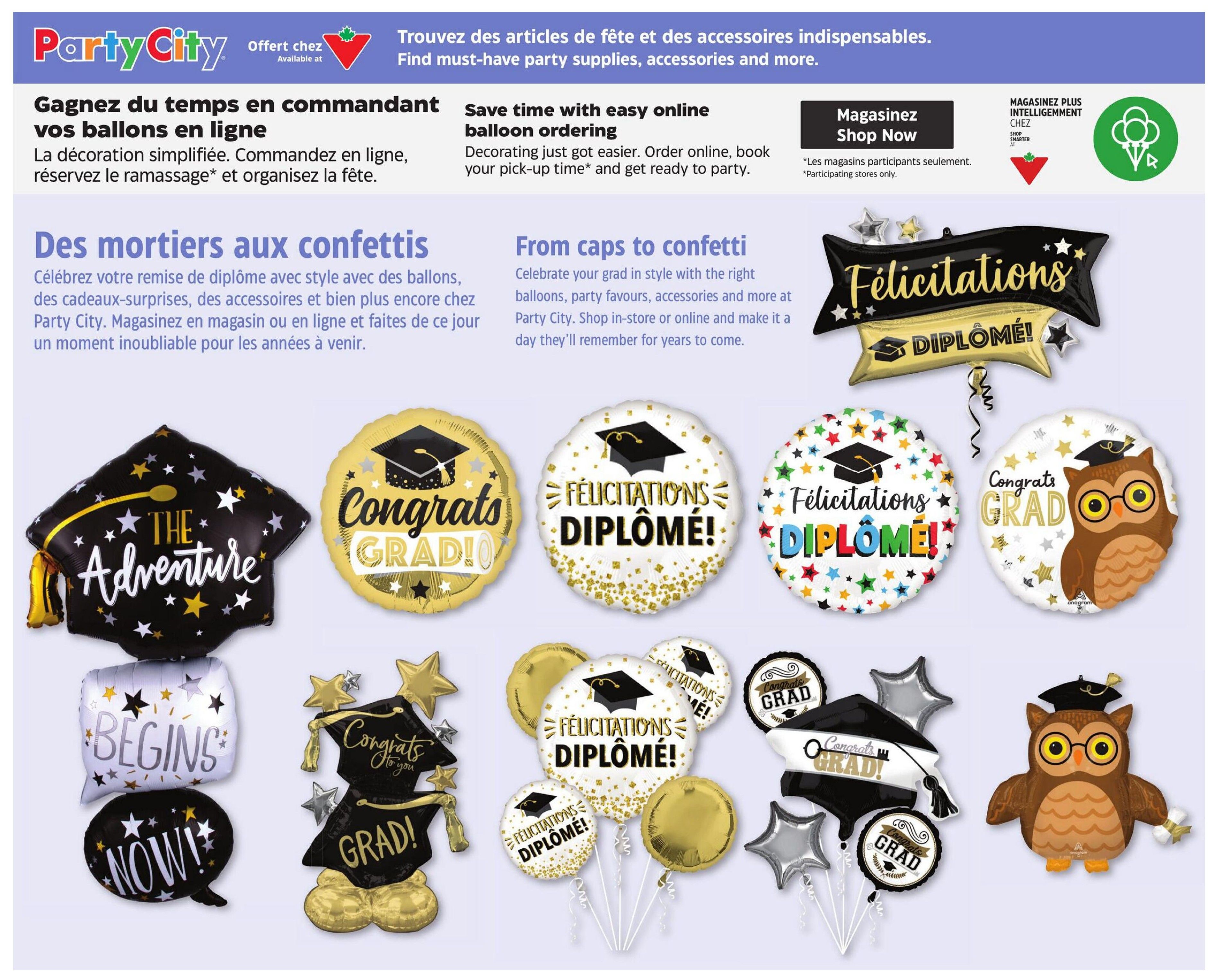 Party City flyer page 31 features graduation-themed balloons and party supplies. The page highlights 'Save time with easy online balloon ordering' and 'From caps to confetti,' encouraging customers to celebrate graduations with a wide selection of balloons, party favours, and accessories. Featured balloons include 'The Adventure Begins NOW!' designs, 'Congrats GRAD!' balloons, 'Félicitations DIPLÔMÉ!' balloons in various colours and styles, and a cute owl-shaped balloon holding a diploma. Customers can shop in-store or online to make graduation celebrations memorable.