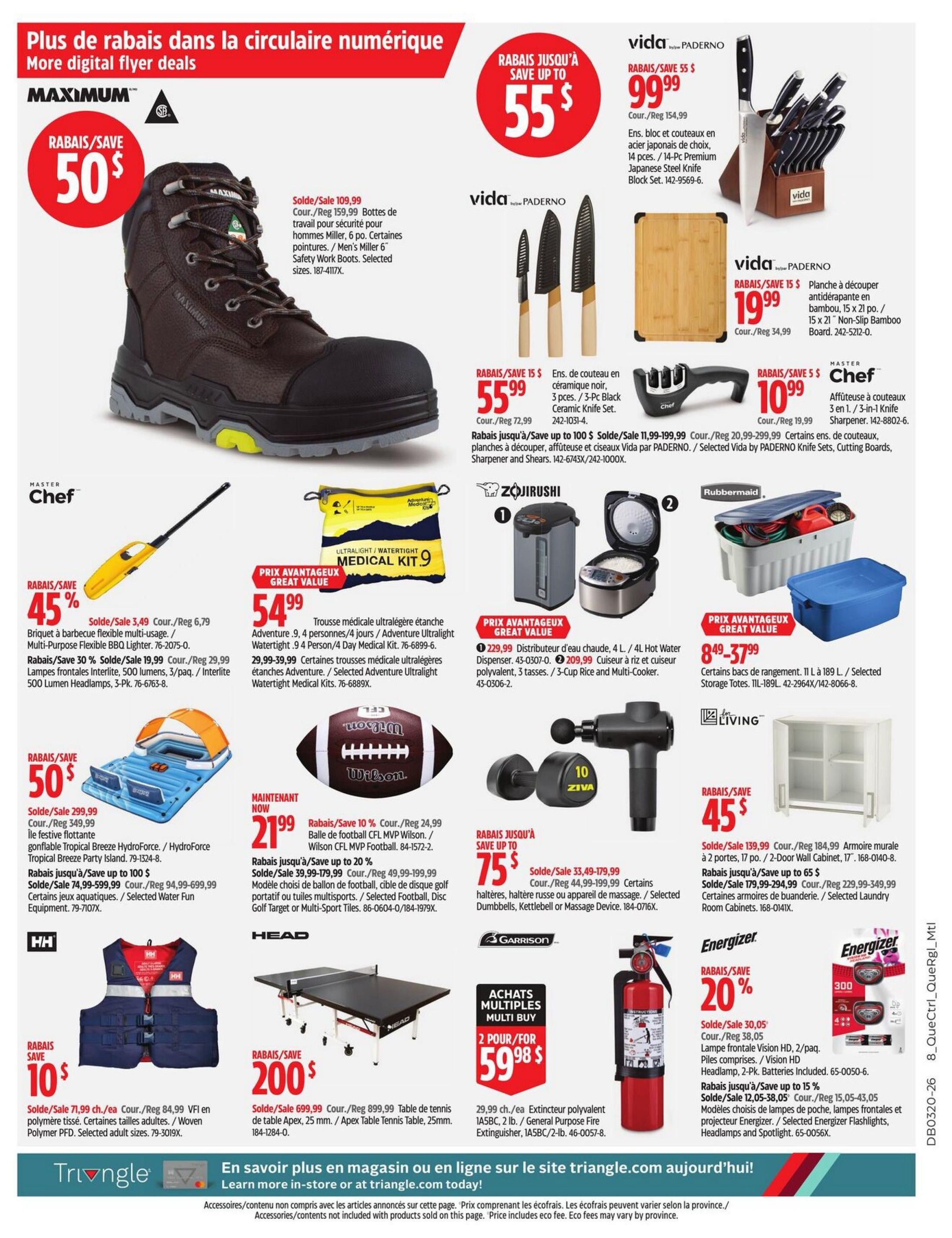 Canadian Tire weekly flyer specials page 33 features deals on various items. Save 50% on MAXIMUM Men's Miller 6' Safety Work Boots, now $109.99. Vida PADERNO offers a 14-Pc Premium Japanese Steel Knife Block Set for $99.99 (save $55) and a 3-Pc Black Ceramic Knife Set for $55.99. Also available is a Vida PADERNO 15' x 21' Non-Slip Bamboo Cutting Board for $19.99 (save $15). Master Chef offers a 3-in-1 Knife Sharpener for $10.99 (save $5). Save 45% on a Multi-Purpose Flexible BBQ Lighter, now $3.49. Get 500 Lumen Headlamps for $19.99 (save 30%). Adventure Watertight Medical Kits are $54.99. Save 50% on a Tropical Breeze HydroForce inflatable float, now $299.99. A Wilson CFL MVP Football is on sale for $21.99 (save 10%). Save up to 20% on selected Water Fun Equipment, with prices ranging from $74.99-$599.99. Save $10 on Woven Polymer PFDs, now $71.99. Save up to $75 on selected Dumbbells, Kettlebells or Massage Devices, with prices from $33.49-$179.99. A HEAD Apex Table Tennis Table is $200 (save $699.99). Garrison offers a 2-for-$59.98 multi-buy deal on polyvalent fire extinguishers. Energizer Vision HD Headlamps are $30.05 (save 20%), and selected Energizer Flashlights and Headlamps are on sale for $12.05-$15.05 (save up to 15%). Save 45% on 2-Door Wall Cabinets, now $139.99, and save up to $65 on selected Laundry Room Cabinets, now $229.99-$299.99.