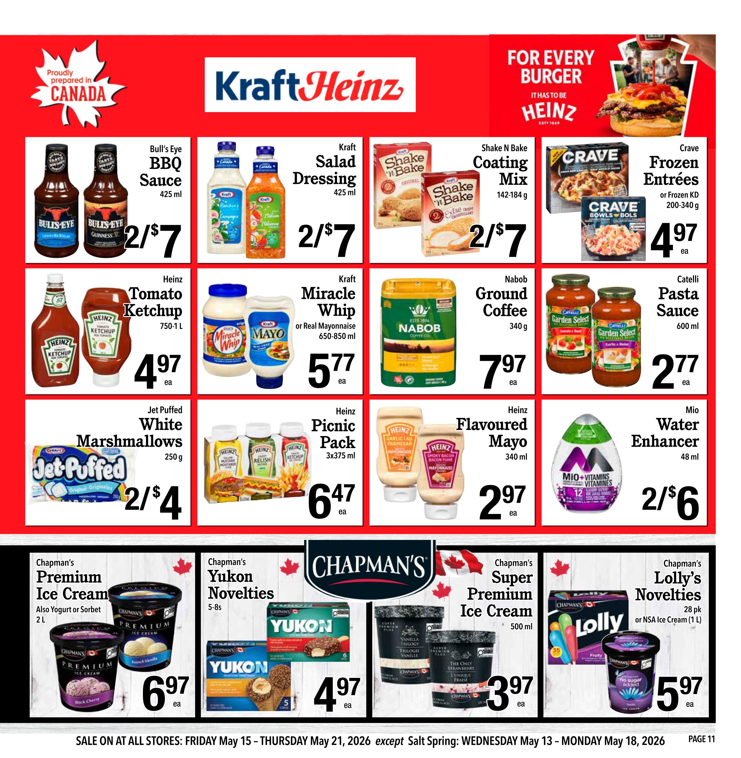 Country Grocer weekly flyer specials page 11 features Kraft Heinz products including Bull's Eye BBQ Sauce 425 ml for 2 for $7, Kraft Salad Dressing 425 ml for 2 for $7, Shake N Bake Coating Mix 142-184 g for 2 for $7, and Crave Frozen Entrees or Frozen KD 200-340 g for $4.97 each. Also available are Heinz Tomato Ketchup 750-1 L for $4.97 each, Kraft Miracle Whip or Real Mayonnaise 650-850 ml for $5.77 each, Nabob Ground Coffee 340 g for $7.97 each, and Catelli Pasta Sauce 600 ml for $2.77 each. Jet Puffed White Marshmallows 250 g are 2 for $4, Heinz Picnic Pack 3x375 ml is $6.47 each, Heinz Flavoured Mayo 340 ml is $2.97 each, and Mio Water Enhancer 48 ml is 2 for $6. The bottom section highlights Chapman's products: Premium Ice Cream (2 L) or Yogurt or Sorbet for $6.97 each, Yukon Novelties (5-8s) for $4.97 each, Super Premium Ice Cream 500 ml for $3.97 each, and Lolly's Novelties (28 pk) or NSA Ice Cream (1 L) for $5.97 each. Sale dates are Friday May 15 to Thursday May 21, 2026.