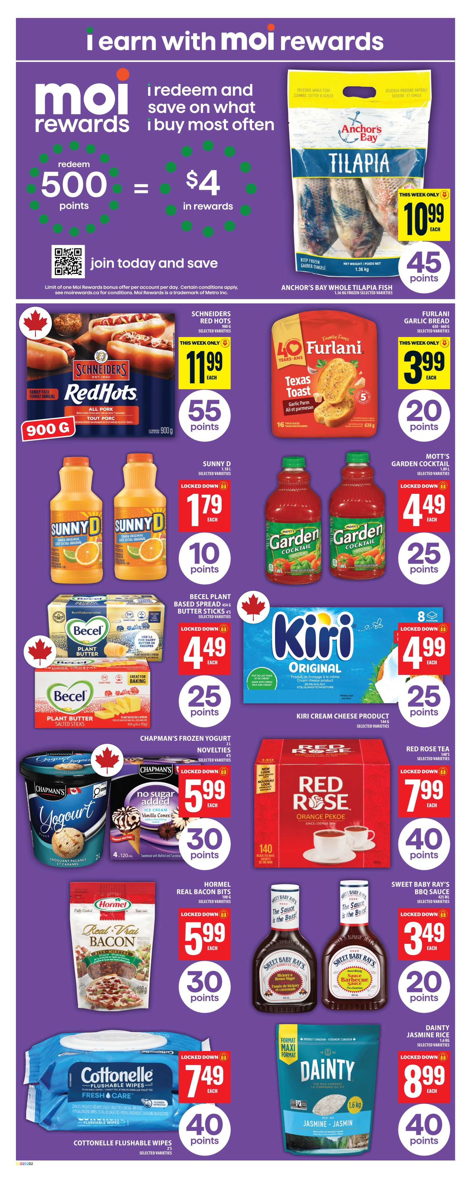 Food Basics weekly flyer specials page 4. Top banner highlights Moi Rewards: redeem 500 points for $4 in rewards, join today and save. Featured products include Anchor's Bay Whole Tilapia Fish for $10.99 with 45 points, Schneiders Red Hots All Pork 900g for $11.99 with 55 points, Furlani Garlic Bread Texas Toast for $3.99 with 20 points, Sunny D 1.81L selected varieties for $1.79 with 10 points, Mott's Garden Cocktail 1.89L selected varieties for $4.49 with 25 points. Also on sale: Becel Plant Based Spread 454g butter sticks for $4.49 with 25 points, Kiri Cream Cheese Product 144g for $4.99 with 25 points, Chapman's Frozen Yogurt Novelties 2L for $5.99 with 30 points, Red Rose Tea Orange Pekoe 140 bags for $7.99 with 40 points, Hormel Real Bacon Bits 100g for $5.99 with 30 points, Sweet Baby Ray's BBQ Sauce 425 mL for $3.49 with 20 points, Cottonelle Flushable Wipes Fresh Care 40 sheets for $7.49 with 40 points, and Dainty Jasmine Rice 1.8kg for $8.99 with 40 points.