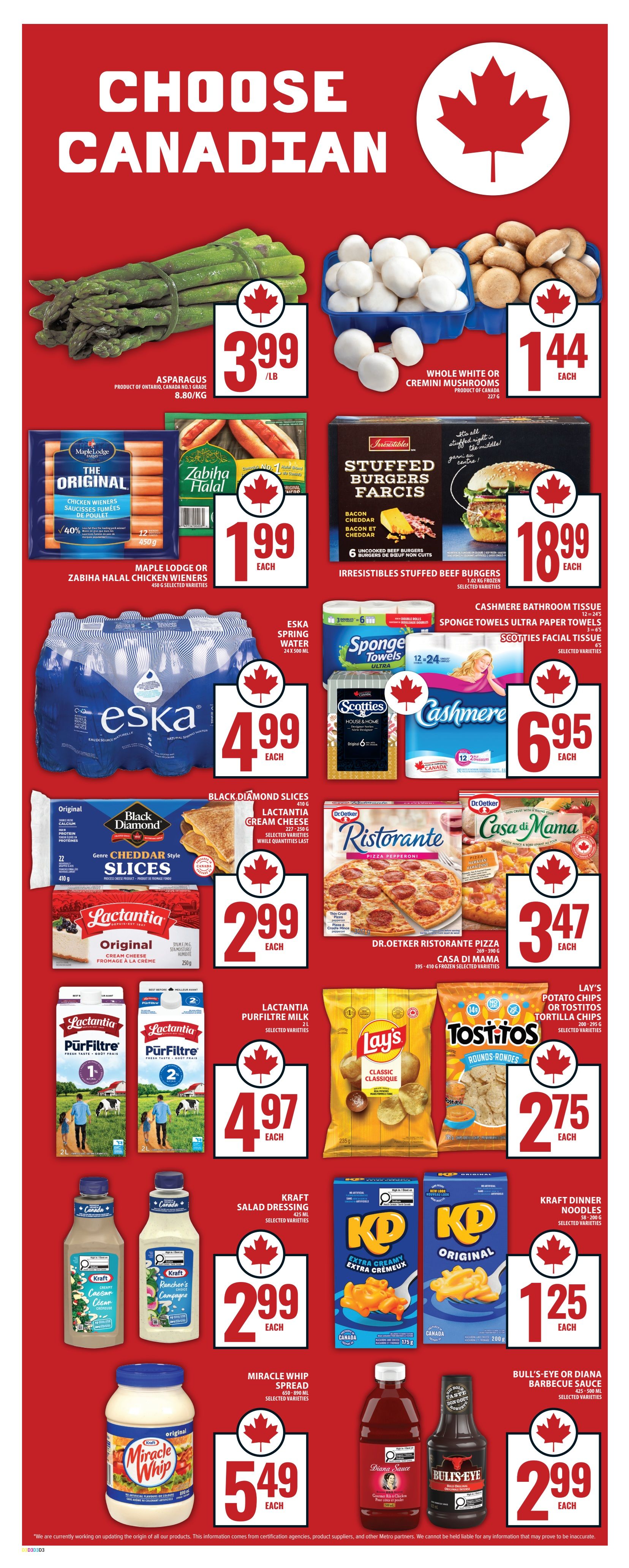 Food Basics weekly flyer specials page 5, featuring 'Choose Canadian' theme. Offers include Asparagus for $3.99/lb, Whole White or Cremini Mushrooms for $1.44 each. Maple Lodge or Zabiha Halal Chicken Wieners are $1.99 each, with a 40% discount shown on Maple Lodge. Irresistibles Stuffed Burgers are $18.99 each. Eska Spring Water 24 x 500 mL is $4.99 each. Black Diamond Slices Cheddar Cheese and Lactantia Cream Cheese are $2.99 each. Dr. Oetker Ristorante Pizza and Casa di Mama Pizza are $3.47 each. Lactantia Purfiltre Milk 2L is $4.97 each. Lay's Potato Chips or Tostitos Tortilla Chips are $2.75 each. Kraft Salad Dressing 425 mL is $2.99 each. Kraft Dinner Noodles are $1.25 each. Miracle Whip Spread 650-700 mL is $5.49 each. Bull's-Eye or Diana Barbecue Sauce 425-500 mL is $2.99 each. Also featured are Sponge Towels Ultra Paper Towels and Scotties Facial Tissue for $6.95 each.