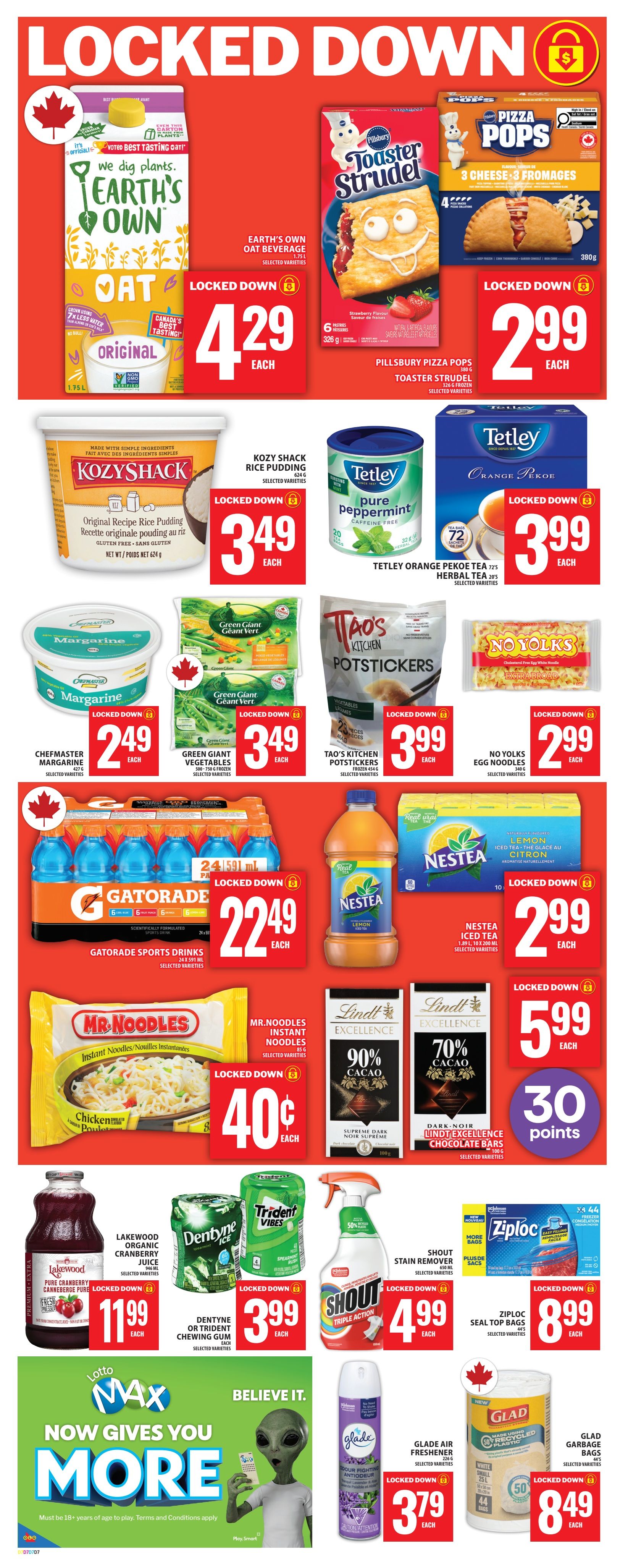 Food Basics weekly flyer specials page 9 features 'Locked Down' deals. Highlights include Earth's Own Oat Beverage for $4.29, Pillsbury Pizza Pops Toaster Strudel for $2.99, and Kozy Shack Rice Pudding for $3.49. Also featured are Tetley Orange Pekoe Tea for $3.99, Chefmaster Margarine for $2.49, Green Giant Frozen Vegetables for $3.49, Tao's Kitchen Potstickers for $3.99, and No Yolks Egg Noodles for $2.99. Gatorade Sports Drinks (24 x 591 ml) are $22.49, and Nestea Iced Tea (1.39 L) is $2.99. Mr. Noodles Instant Noodles are $0.40 each. Lindt Excellence Chocolate Bars (90% Cacao and 70% Cacao) are $5.99 each and include 30 points. Lakewood Organic Cranberry Juice is $11.99, Dentyne or Trident Chewing Gum is $3.99, and Shout Stain Remover is $4.99. Ziploc Seal Top Bags are $8.99. Glade Air Freshener is $3.79, and Glad Garbage Bags are $8.49. The page also includes a 'Lotto Max Now Gives You More' promotion with an alien graphic.