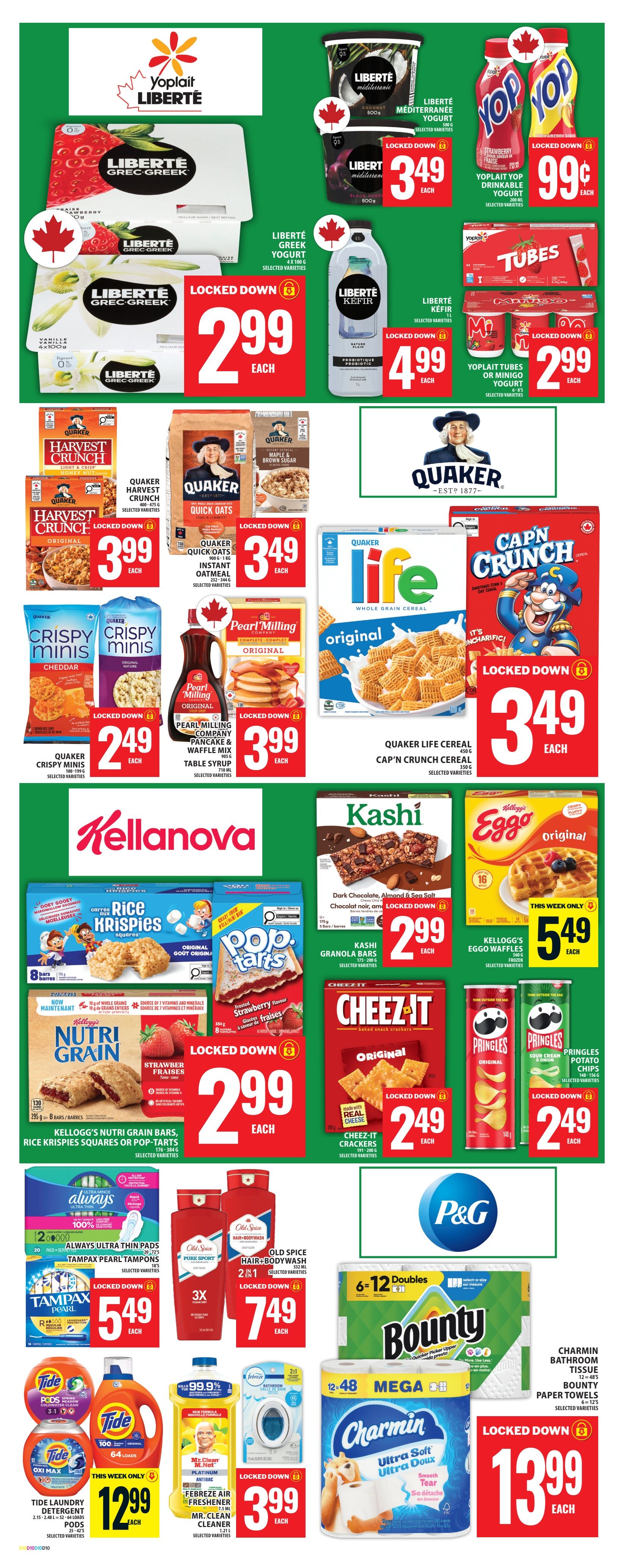 Food Basics weekly flyer specials, page 12. Features Liberté Greek yogurt at $2.99 each, Liberté Mediterranean yogurt at $3.49 each, and Liberté Kefir at $4.99 each. Yoplait drinkable yogurt is $0.99 each, and Yoplait Tubes or Minigo yogurt is $2.99 each. Quaker Harvest Crunch cereal is $3.99 each, Quaker Quick Oats and Instant Oatmeal are $3.49 each. Quaker Crispy Minis cereal is $2.49 each. Pearl Milling Company Pancake & Waffle Mix and Table Syrup are $3.99 each. Quaker Life Cereal and Cap'n Crunch Cereal are $3.49 each. Kellanova offers Rice Krispies Squares and Pop-Tarts for $2.99 each. Kellogg's Nutri Grain Bars are also $2.99 each. Kashi Granola Bars are $2.99 each. Eggo Waffles are $5.49 this week only. Cheez-It Crackers are $2.49 each. Pringles Potato Chips are $2.49 each. Always Pantyliners are $5.49. Tampax Pearl Tampons are $5.49. Old Spice Hair-Body Wash is $7.49. Mr. Clean Cleaner is $3.99. Tide Laundry Detergent is $12.99. Bounty Paper Towels (6-12 doubles) and Charmin Bathroom Tissue (Mega Roll) are $13.99 each.