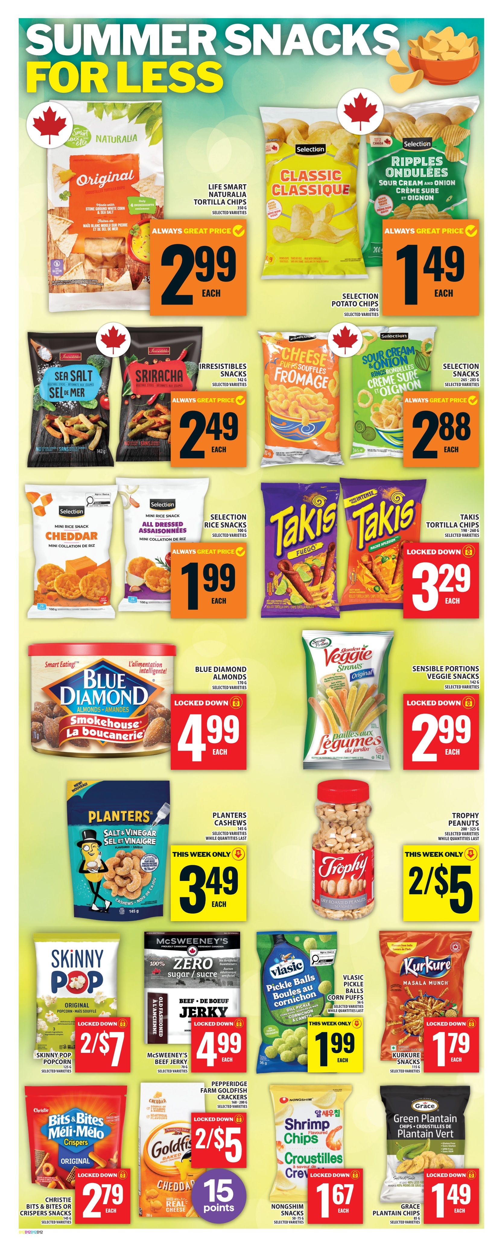 Food Basics weekly flyer specials page 14 features 'Summer Snacks for Less'. Offers include Life Smart Naturalia Original Tortilla Chips for $2.99 each, Selection Classic Potato Chips for $1.49 each, and Selection Ripples Ondulees Sour Cream & Onion Potato Chips for $1.49 each. Irresistibles Sea Salt and Sriracha Snacks are $2.49 each. Selection Cheese Puffs Fromage are $2.88 each. Selection Mini Rice Snacks in Cheddar and All Dressed flavours are $1.99 each. Takis Tortilla Chips Fuego and Nacho Explosion are locked down at $3.29 each. Blue Diamond Smokehouse Almonds are locked down at $4.99 each. Sensible Portions Veggie Snacks are locked down at $2.99 each. Planters Salt & Vinegar Cashews are $3.49 each this week only. Trophy Dry Roasted Peanuts are 2 for $5 this week only. Skinny Pop Original Popcorn is 2 for $7. McSweeney's Beef Jerky is locked down at $4.99 each. Vlasic Pickle Balls Corn Puffs are $1.99 each this week only. Kurkure Snacks Masala Munch are locked down at $1.79 each. Christie Bits & Bites or Crispers Snacks Original are locked down at $2.79 each. Pepperidge Farm Goldfish Crackers are 2 for $5, with 15 points. Nongshim Shrimp Chips Crostilles are locked down at $1.67 each. Grace Green Plantain Chips are locked down at $1.49 each.