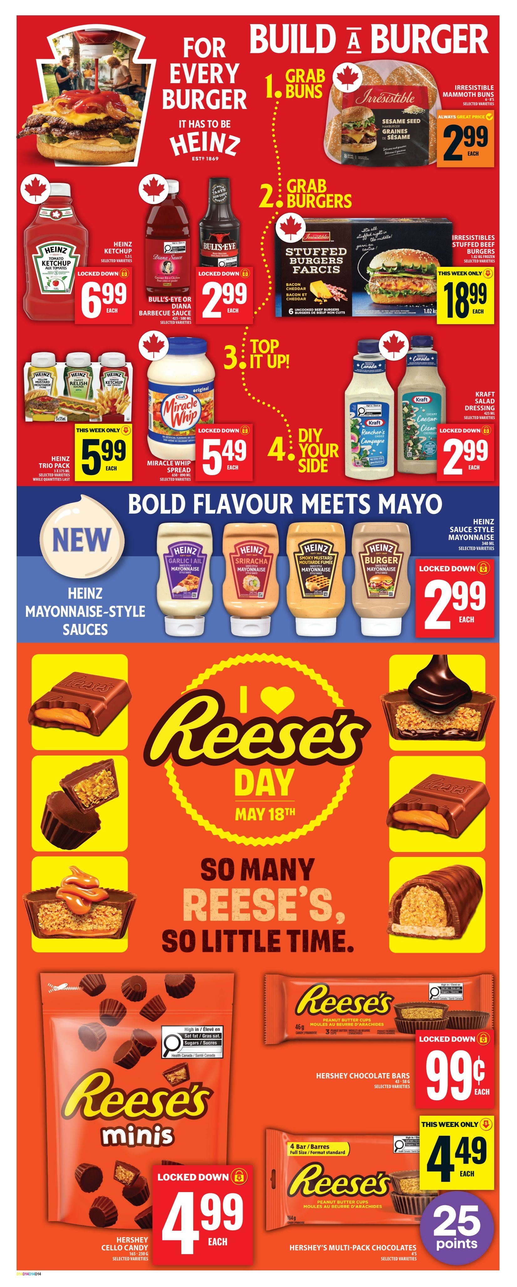 Food Basics weekly flyer specials page 16 features 'Build a Burger' and 'Bold Flavour Meets Mayo' sections, along with Reese's Day promotions. The 'Build a Burger' section includes Irresistible Mammoth buns for $2.99, Stuffed Burgers for $18.99, Heinz Ketchup for $6.99, Bull's-Eye BBQ Sauce for $2.99, Heinz Trio Pack condiments for $5.99, Miracle Whip Spread for $5.49, and Kraft Salad Dressing for $2.99. The 'Bold Flavour Meets Mayo' section highlights new Heinz Mayonnaise-Style Sauces in Garlic Aioli, Sriracha, Smoky Mustard, and Burger varieties, all for $2.99 each. The Reese's Day promotion features Reese's Minis 165-230g for $4.99, Hershey Chocolate Bars 43-58g for $0.99, and Hershey's Multi-Pack Chocolates 4 bars for $4.49, plus 25 bonus points. The page also showcases various Reese's products with the tagline 'So Many Reese's, So Little Time.