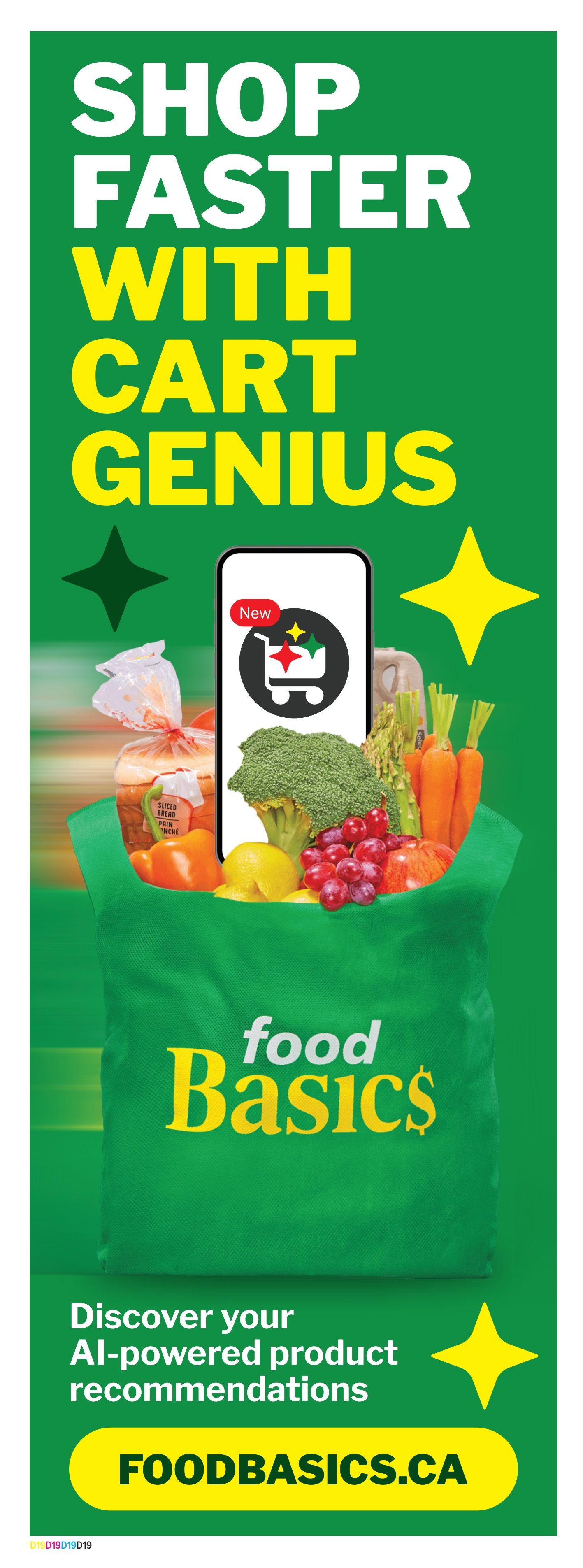 Food Basics flyer page featuring 'Shop Faster With Cart Genius'. The page highlights a green tote bag filled with fresh produce including broccoli, grapes, lemons, and carrots. A smartphone displays a shopping cart icon with a 'New' tag. Text encourages customers to 'Discover your AI-powered product recommendations' and directs them to FOODBASICS.CA.