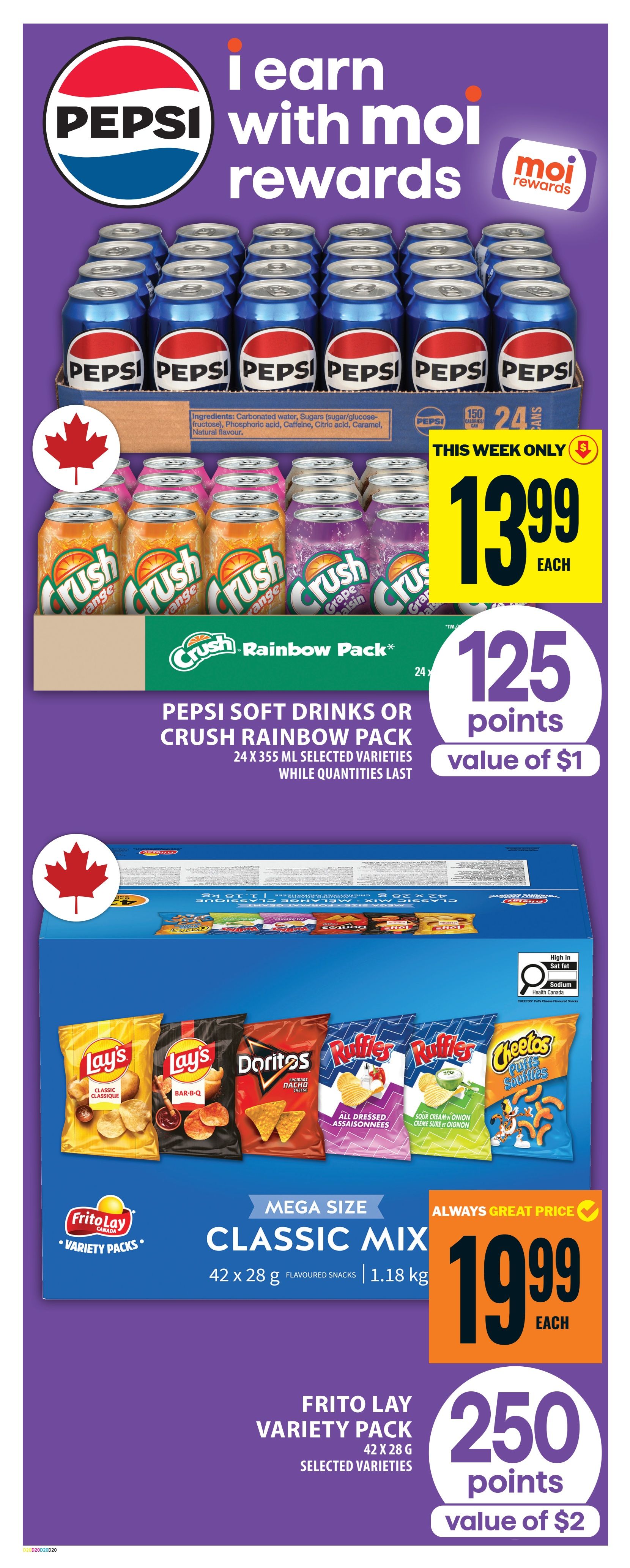 Food Basics weekly flyer specials page 22 features Pepsi soft drinks or Crush Rainbow Pack, 24 x 355 ml selected varieties, for $13.99 each, with 125 Moi Rewards points valued at $1. Also featured is a Mega Size Frito Lay Variety Pack, Classic Mix, 42 x 28 g flavoured snacks, 1.18 kg, for $19.99 each, with 250 Moi Rewards points valued at $2. Both offers are available while quantities last.