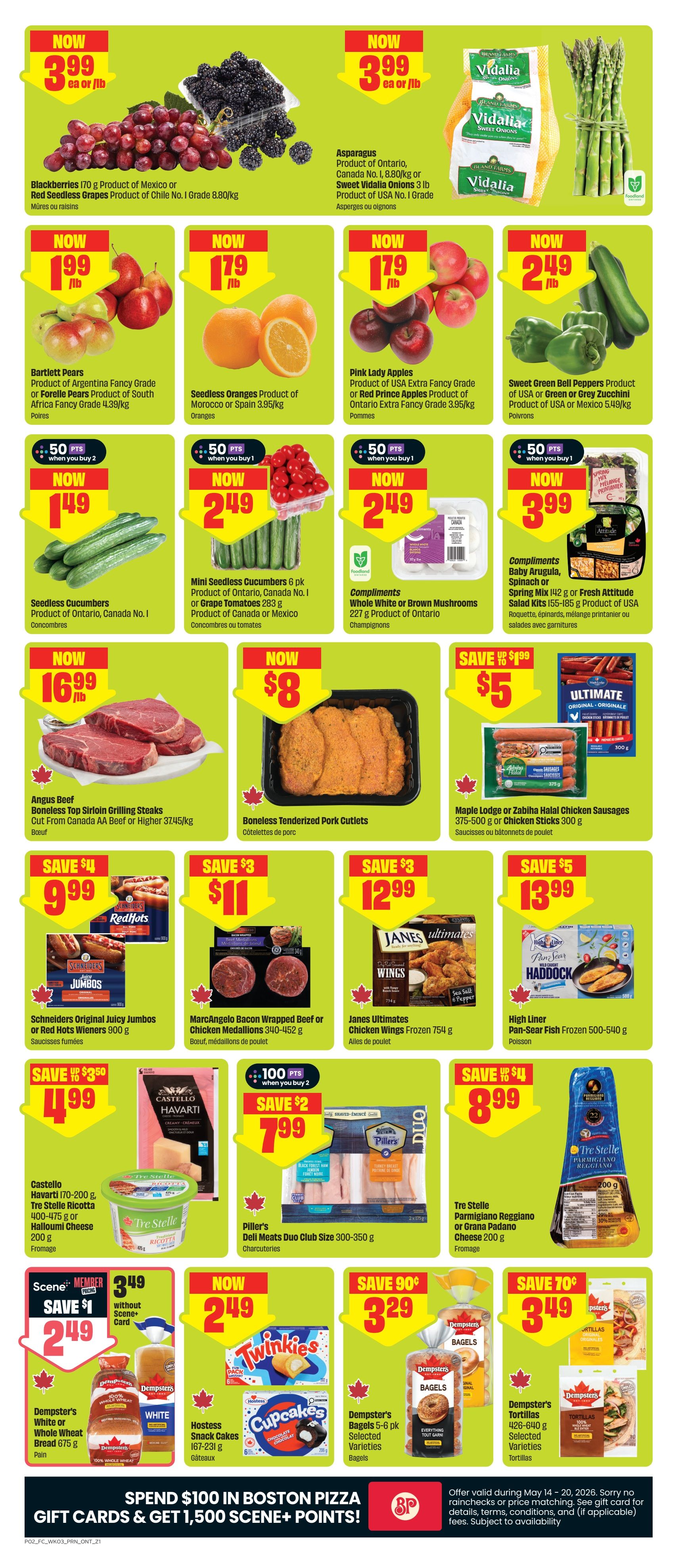 FreshCo Ontario flyer, page 3. Featured items include Blackberries and Red Seedless Grapes for $3.99/lb, Asparagus and Vidalia Sweet Onions for $3.99/lb. Bartlett Pears are $1.99/lb, Seedless Oranges are $1.79/lb, and Pink Lady Apples are $1.79/lb. Sweet Green Bell Peppers are $2.49/lb. Seedless Cucumbers are $1.49 when you buy 2, Mini Seedless Cucumbers 6 pk are $2.49 when you buy 1, and Whole White or Brown Mushrooms are $2.49. Angus Beef Boneless Top Sirloin Grilling Steaks are $16.99/lb. Boneless Tenderized Pork Cutlets are $8. Schriders Original Juicy Jumbos or Red Hots Wieners are $9.99, MarcAngelo Bacon Wrapped Beef or Chicken Medallions are $11, and Janes Ultimates Chicken Wings are $12.99. High Liner Pan-Sear Fish is $13.99. Castello Havarti, Tre Stelle Ricotta, or Halloumi Cheese are $4.99. Piller's Deli Meats Duo Club size is $7.99 when you buy 2. Tre Stelle Parmigiano Reggiano or Grana Padano Cheese is $7.99. Dempster's White or Whole Wheat Bread is $2.49 (Scene+ Member Price, save $1). Hostess Snack Cakes are $2.49, Cupcakes are $2.49, and Dempster's Bagels are $3.29. Dempster's Tortillas are $3.49. Spend $100 in Boston Pizza Gift Cards and get 1,500 Scene+ Points.