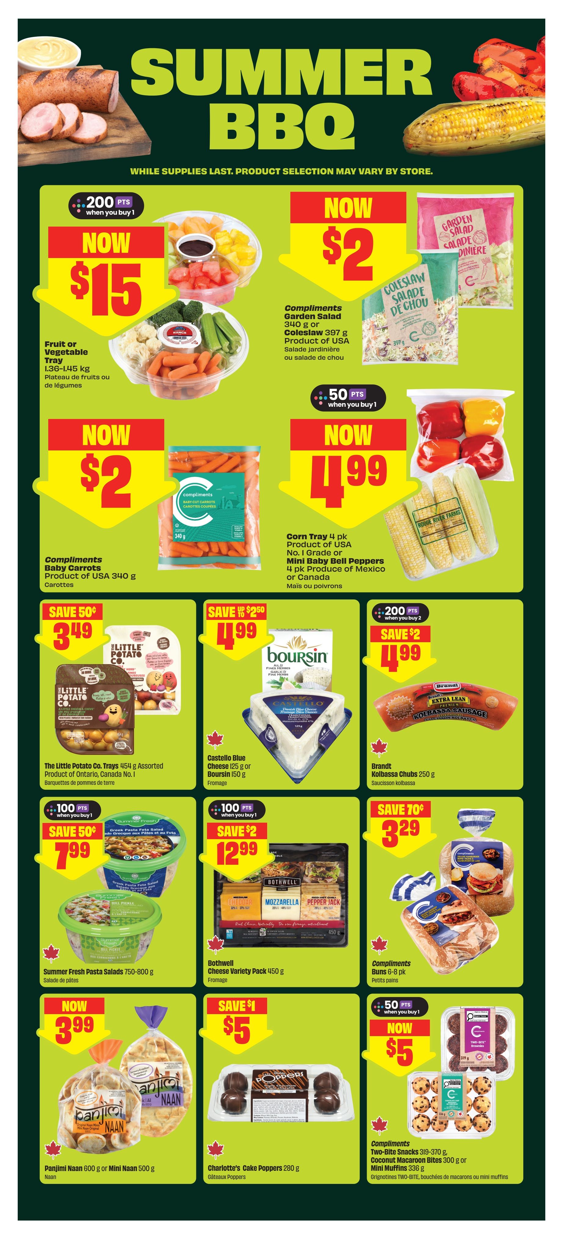 FreshCo Ontario flyer page 5 features a Summer BBQ theme. Deals include a Fruit or Vegetable Tray for $15 with 200 bonus points when you buy, Compliments Garden Salad or Coleslaw for $2, and Compliments Baby Carrots for $2. Also featured are Corn Tray 4 pk and Mini Baby Bell Peppers for $4.99 with 50 bonus points when you buy. Savings include The Little Potato Co. Trays 454 g assorted for $3.49 (save 50¢), Castello Blue Cheese 125 g or Boursin 150 g for $4.99 (save $2.50), and Brandt Kolbassa Chubs 250 g for $4.99 (save $2). Other offers are Summer Fresh Pasta Salads 750-800 g for $7.99 (save $2, 100 bonus points when you buy), Bothwell Cheese Variety Pack 450 g for $12.99 (save $2, 100 bonus points when you buy), Compliments Buns 6-8 pk for $4.99 (save $2, 200 bonus points when you buy 2), Panjimi Naan 600 g or Mini Naan 500 g for $3.99, Charlotte's Cake Poppers 280 g for $5 (save $1), and Compliments Two-Bite Snacks 319-370 g, Coconut Macaroon Bites 300 g or Mini Muffins 336 g for $5 (save $1, 50 bonus points when you buy).