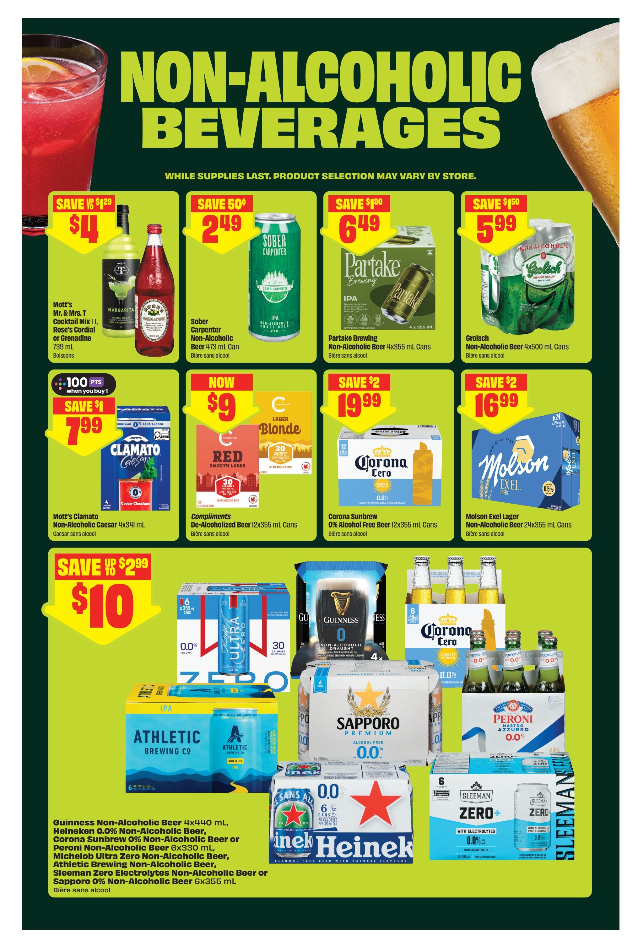 FreshCo weekly flyer specials on non-alcoholic beverages, page 8. Featured deals include Mott's Mr. & Mrs. T Cocktail Mix I, Rose's Cordial or Grenadine 739 mL for $4, saving up to $1.29. Sober Carpenter Non-Alcoholic Beer 473 mL Can is $2.49, saving 50 cents. Partake Brewing IPA Non-Alcoholic Beer 4x355 mL Cans are $6.49, saving $1.80. Grolsch Non-Alcoholic Beer 4x500 mL Cans are $5.99, saving $1.50. Mott's Clamato Non-Alcoholic Caesar 4x341 mL is $7.99 when you buy 1, earning 100 points. Compliments De-Alcoholized Beer 12x355 mL Cans are $9. Corona Sunbrew 0% Alcohol Free Beer 12x355 mL Cans are $19.99, saving $2. Molson Exel Lager Non-Alcoholic Beer 24x355 mL Cans are $16.99, saving $2. Save up to $2.99 on a selection of non-alcoholic beverages for $10, including Guinness Non-Alcoholic Beer 4x440 mL, Heineken 0.0% Non-Alcoholic Beer, Corona Sunbrew 0% Non-Alcoholic Beer, Peroni Non-Alcoholic Beer 6x330 mL, Michelob Ultra Zero Non-Alcoholic Beer, Athletic Brewing Non-Alcoholic Beer, Sleeman Zero Electrolytes Non-Alcoholic Beer, and Sapporo 0% Non-Alcoholic Beer 6x355 mL. Also featured are Athletic Brewing IPA Non-Alcoholic Beer, Guinness Draught Non-Alcoholic, Corona Cero Non-Alcoholic, Peroni Nastro Azzurro 0.0%, and Sleeman Zero+ with Electrolytes.