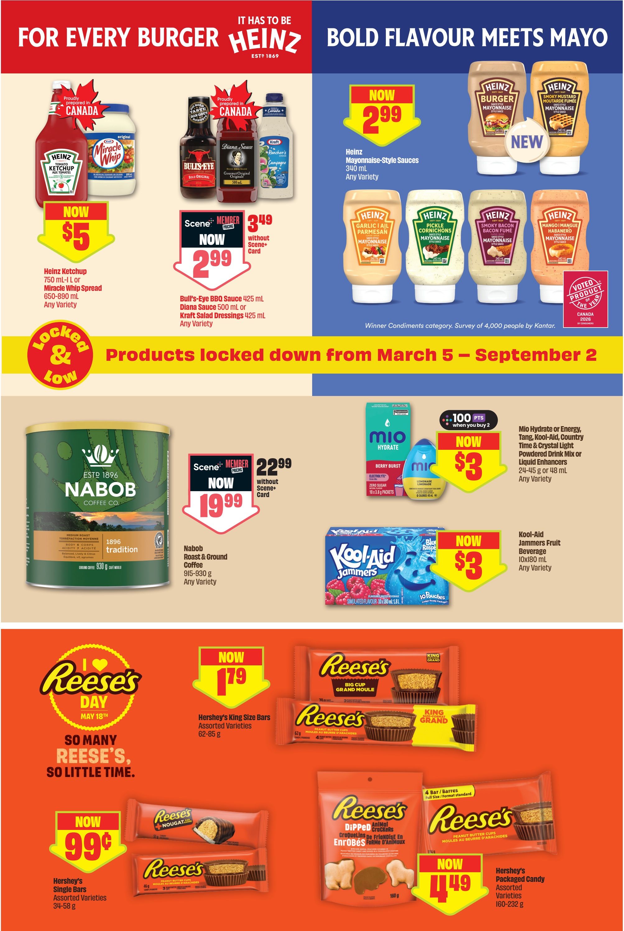 FreshCo Ontario flyer page 10 features a variety of condiments and snacks. On the top left, Heinz Ketchup and Miracle Whip Spread are on sale for $5. Next to them, Bull's-Eye BBQ Sauce, Diana Sauce, and Kraft Salad Dressings are available for $3.49 without a Scene+ card, or $2.99 with a Scene+ card. The top right section showcases Heinz Mayonnaise-Style Sauces in various flavours like Burger, Smoky Mustard, Garlic Aioli Parmesan, Pickle, Smoky Bacon, and Mango Habanero for $2.99. Below, Nabob Roast & Ground Coffee (915-930 g) is on special for $19.99 with a Scene+ card, or $22.99 without. Mio Hydrate or Energy Drink Mix and Enhancers (24-45 g or 48 mL) are on sale for $3 when you buy 2. Kool-Aid Jammers Fruit Beverage (10x180 mL) is also $3. The bottom section highlights Reese's products for Reese's Day on May 18th. Hershey's King Size Bars (62-85 g) are $1.79. Hershey's Single Bars (34-58 g) are $0.99. Hershey's Packaged Candy (160-232 g) is on sale for $4.49.