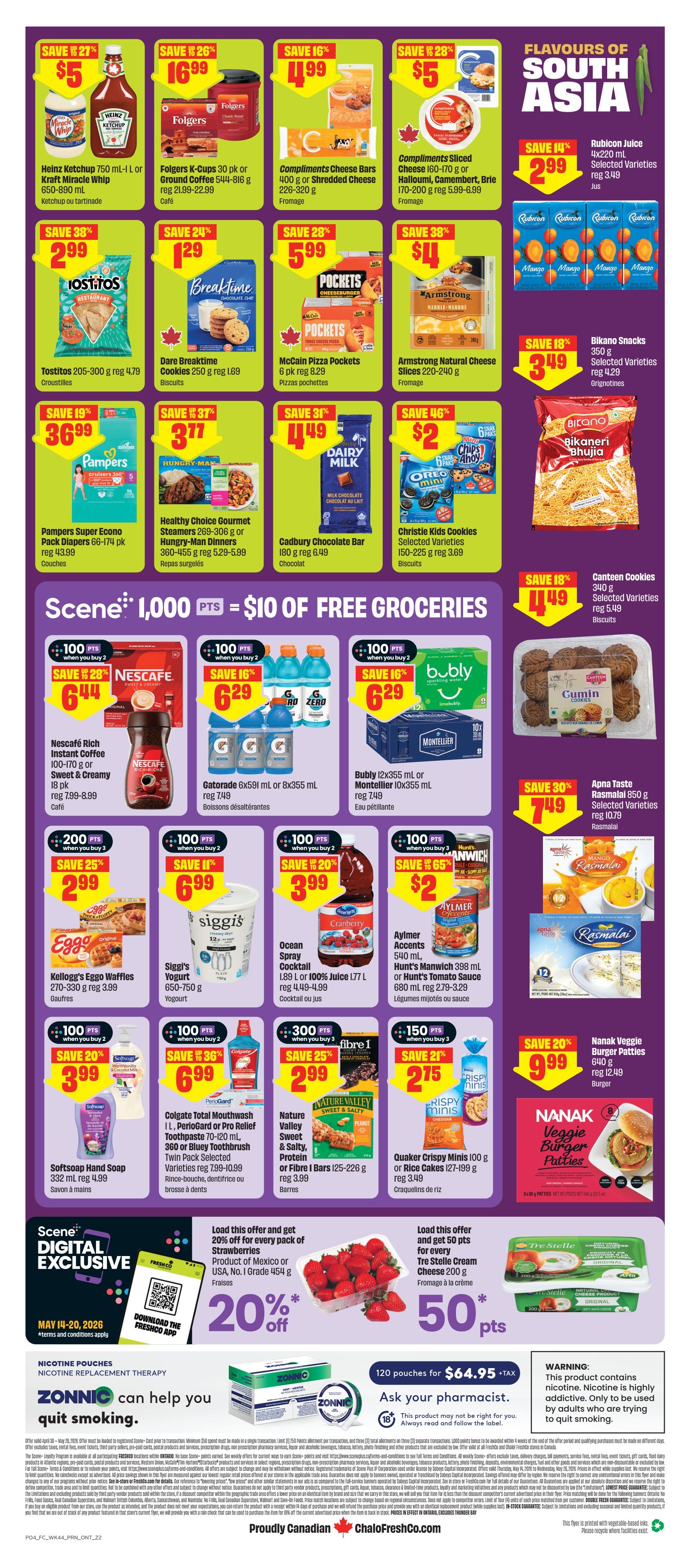 FreshCo flyer page 2 featuring various grocery deals. Save on Heinz Ketchup for $5, Folgers K-Cups for $16.99, Compliments Cheese Bars for $4.99, and Compliments Sliced Cheese for $5. Also find Rubicon Juice for $2.99 and Bikaneri Snacks for $3.49. Save on Tostitos for $2.99, Dare Breaktime Cookies for $1.29, McCain Pizza Pockets for $5.99, and Armstrong Natural Cheese Slices for $4. Pamper's Super Econo Pack Diapers are $36.99, Healthy Choice Gourmet Steamers are $3.77, Cadbury Chocolate Bars are $4.49, and Christie Kids Cookies are $2. Scene members can earn 1,000 points for $10 of free groceries. Nescafé Rich Instant Coffee is $6.44 when you buy 2, Gatorade or Montellier drinks are $6.29 when you buy 2, and Bubly sparkling water is $6.29 when you buy 2. Eggo Waffles are $2.99, Siggis Yogurt is $6.99, Ocean Spray Cocktail is $3.99, and Aylmer Accents or Hunt's Tomato Sauce are $2. Softsoap Hand Soap is $3.99, Colgate Total Mouthwash or Pro Relief Toothpaste is $6.99, and Nature Valley Bars are $2.99. Quaker Crispy Minis are $2.75. Also get 20% off every pack of strawberries and 50 points for every Tre Stelle Cream Cheese. Nanak Veggie Burger Patties are $9.99. Nicotine replacement therapy products are also featured.