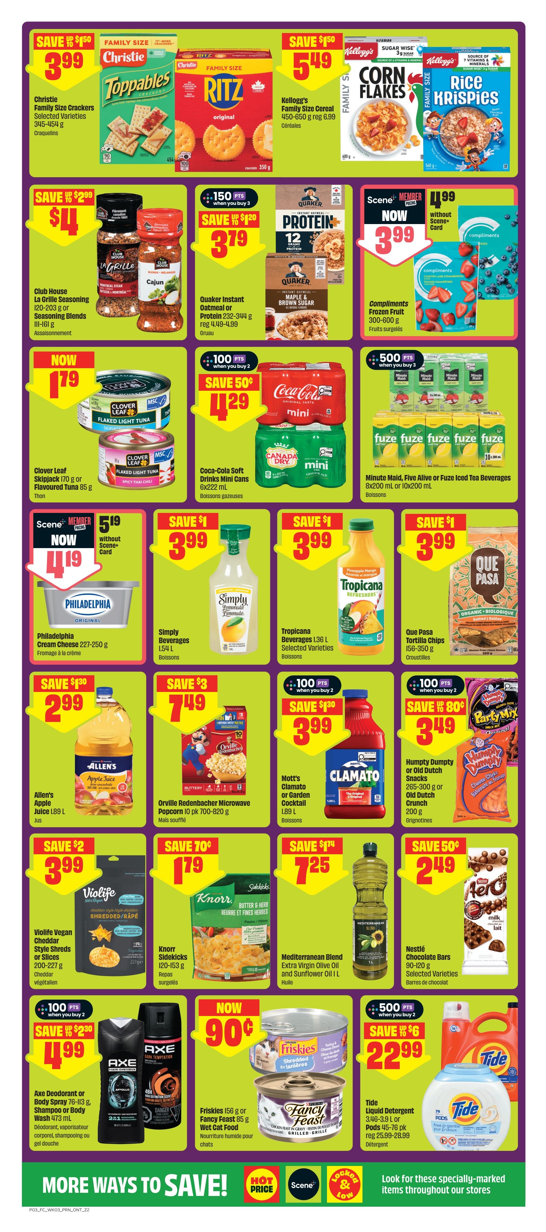 FreshCo flyer page 4 features a variety of deals. Save up to $1.50 on Christie Family Size Crackers or Ritz Original Crackers for $3.99. Kellogg's Family Size Cereal, including Corn Flakes and Rice Krispies, is on sale for $5.49. Club House La Grille Seasoning Blends are $4. Save $1.20 on Quaker Instant Oatmeal or Protein, priced at $3.79 when you buy 3, earning 150 bonus points. Compliments Frozen Fruit is $3.99. Clover Leaf Flaked Light Tuna or Flavourful Tuna is now $1.79. Save 50¢ on Coca-Cola Soft Drinks Mini Cans, 6x222 mL, for $4.29 when you buy 2, earning 100 bonus points. Minute Maid, Five Alive or Fuze Iced Tea Beverages are on sale for $5.99 when you buy 3, earning 500 bonus points. Philadelphia Cream Cheese is now $4.19 with Scene+ card. Simply Beverages Lemonade is $3.99. Tropicana Beverages 1.36 L, selected varieties, are $3.99. Que Pasa Tortilla Chips 156-350 g are $3.99. Allen's Apple Juice 1.89 L is $2.99. Orville Redenbacher Microwave Popcorn 10 pk is $7.49. Mott's Clamato or Garden Cocktail 1.89 L is $3.99 when you buy 2, earning 100 bonus points. Humpty Dumpty or Old Dutch Snacks are $3.49. Violife Vegan Cheddar Shreds or Slices 200-227 g are $3.99. Knorr Sidekicks 120-153 g are $1.79. Mediterranean Blend Extra Virgin Olive Oil and Sunflower Oil 1 L is $7.25. Nestlé Chocolate Bars 90-120 g are $2.49. Axe Deodorant or Body Spray 76-113 g or Shampoo or Body Wash 473 mL are now $4.99 when you buy 2, saving $2.30 and earning 100 bonus points. Friskies 158 g or Fancy Feast 85 g Wet Cat Food is now $0.90. Tide Liquid Detergent 3.48-3.9 L or Pods 45-76 pk are $22.99 when you buy 2, saving $6 and earning 500 bonus points.