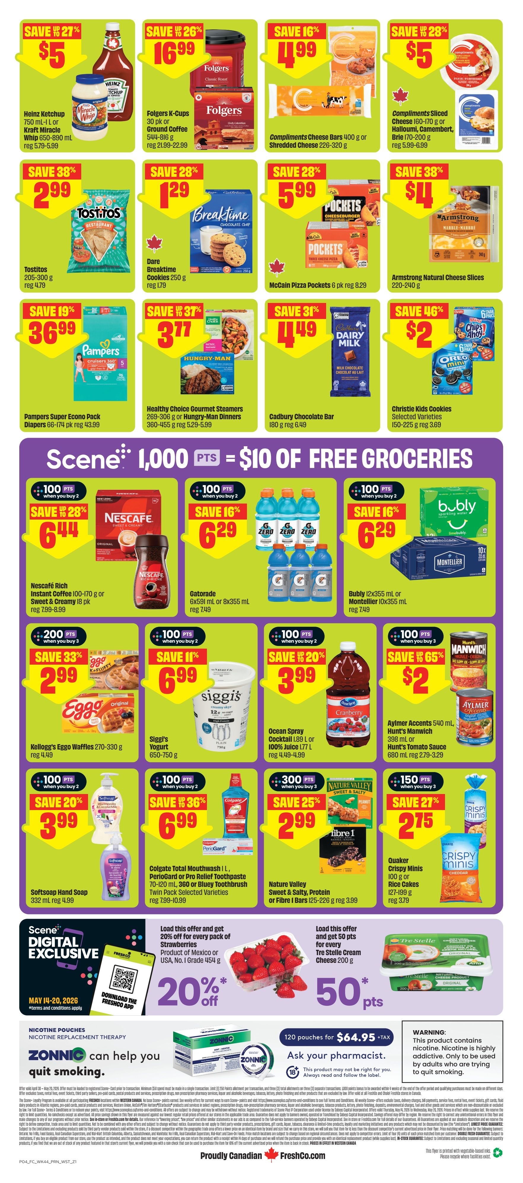 FreshCo weekly flyer specials page 2. Featured products include Heinz Ketchup for $5, Folgers K-Cups or Ground Coffee for $16.99, Compliments Cheese Bars for $4.99, and Compliments Sliced Cheese for $5. Save on Tostitos for $3.99, Dare Breaktime Cookies for $1.29, McCain Pizza Pockets for $5.99, and Armstrong Natural Cheese Slices for $4. Also featured are Pampers Super Econo Pack Diapers for $36.99, Healthy Choice Gourmet Steamers or Hungry-Man Dinners for $3.77, Cadbury Chocolate Bar for $4.49, and Christie Kids Cookies for $2. Earn 1,000 Scene points for $10 of free groceries. Save on Nescafé Rich Instant Coffee for $6.44, Gatorade for $6.29, and Bubly or Montellier for $6.29. Kellogg's Eggo Waffles are $2.99, Siggi's Yogurt is $6.99, and Ocean Spray Cranberry Cocktail is $3.99. Save on Softsoap Hand Soap for $3.99, Colgate Total Mouthwash or Toothpaste for $6.99, and Nature Valley Sweet & Salty Bars for $2.99. Quaker Crispy Minis or Rice Cakes are $2.75. Special offers include 20% off for every pack of Strawberries from Mexico or USA, and 50 points for every Tre Stelle Cream Cheese. Nicotine pouches are available, with ZONNIC helping you quit smoking. A warning about nicotine addiction is also displayed.