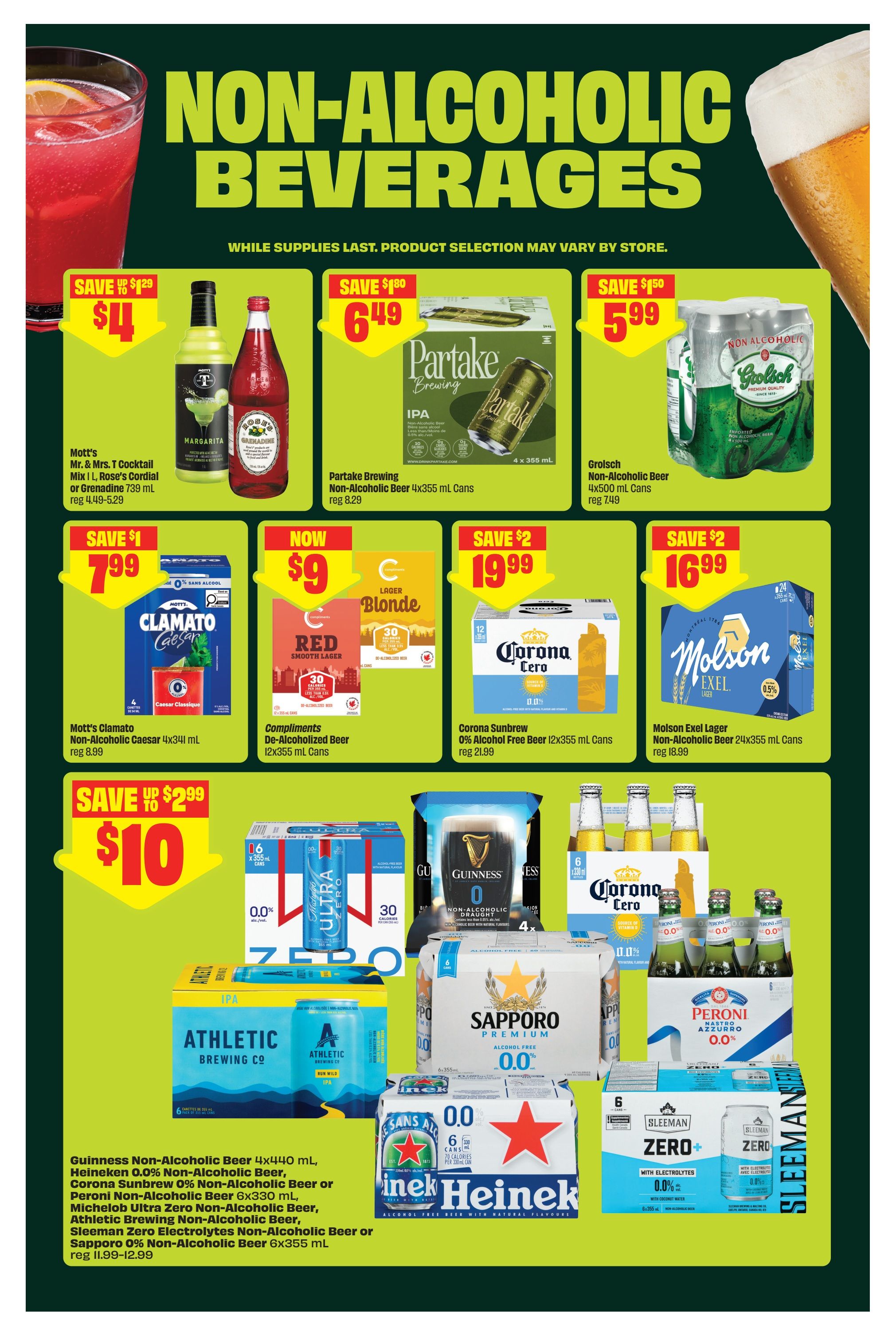 FreshCo weekly flyer specials page 8 features a variety of non-alcoholic beverages. Save up to $1.29 on Mott's Mr. & Mrs. T Cocktail Mix, L. Rose's Cordial or Grenadine 739 mL for $4. Save $1.80 on Partake Brewing Non-Alcoholic Beer IPA 4x355 mL cans for $6.49. Save $1.50 on Grolsch Non-Alcoholic Beer 4x500 mL cans for $5.99. Save $1 on Mott's Clamato Non-Alcoholic Caesar 4x341 mL for $7.99. Now $9 for Compliments De-Alcoholized Beer 12x355 mL cans. Save $2 on Corona Sunbrew 0% Alcohol Free Beer 12x355 mL cans for $19.99. Save $2 on Molson Exel Lager Non-Alcoholic Beer 24x355 mL cans for $16.99. Save up to $2.99 and get $10 for Guinness Non-Alcoholic Beer 4x440 mL, Heineken 0.0% Non-Alcoholic Beer, Corona Sunbrew 0% Non-Alcoholic Beer or Peroni Non-Alcoholic Beer 6x330 mL, Michelob Ultra Zero Non-Alcoholic Beer, Sleeman Zero Electrolytes Non-Alcoholic Beer or Sapporo 0% Non-Alcoholic Beer 6x355 mL, with regular prices ranging from $11.99-$12.99.
