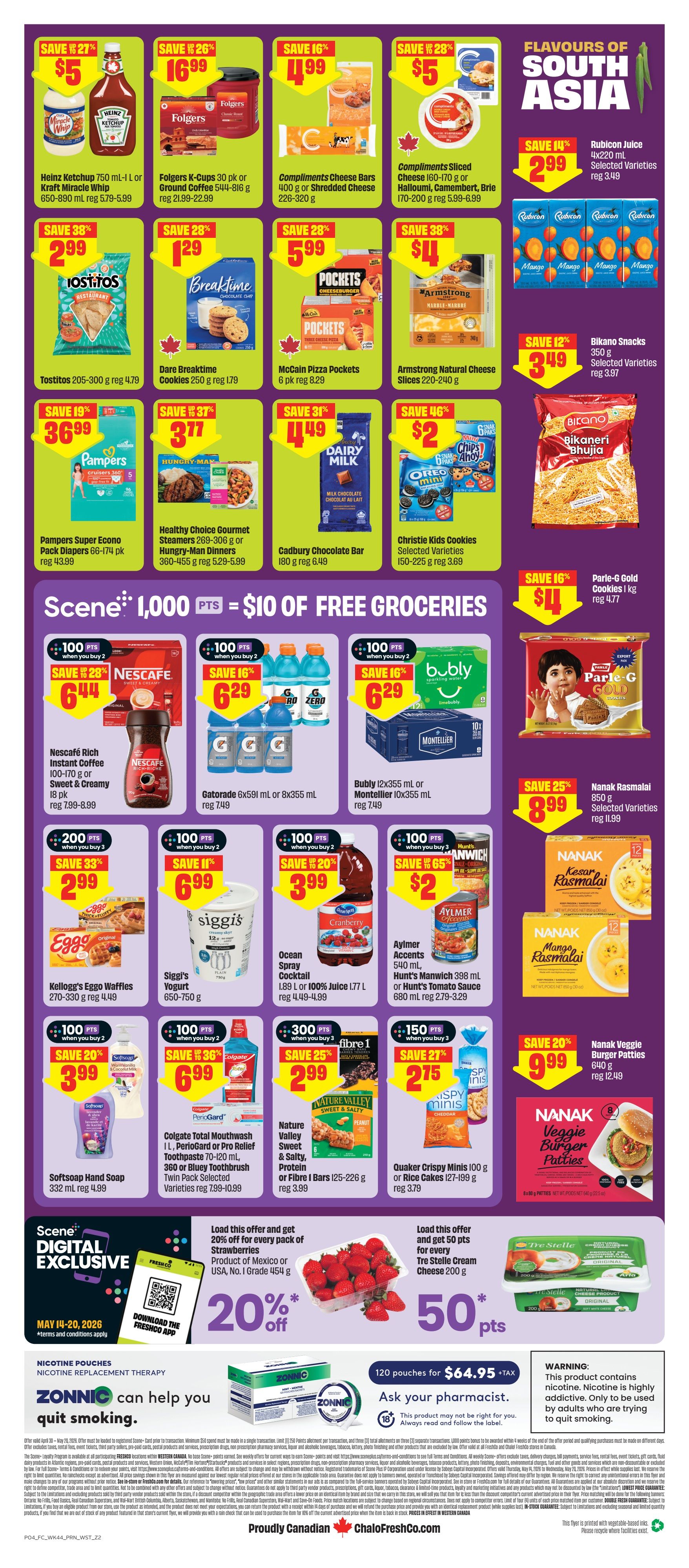 FreshCo flyer page 2 features a variety of savings. Top row includes Heinz Ketchup 750 mL for $5, Folgers K-Cups or Ground Coffee for $16.99, Compliments Cheese Bars for $4.99, Compliments Sliced Cheese for $5, and Rubicon Juice for $2.99. Middle row offers Tostitos for $2.99, Dare Breaktime Cookies for $1.29, McCain Pizza Pockets for $5.99, Armstrong Natural Cheese Slices for $4, and Bikano Snacks for $3.49. The next row showcases Pampers Super Econo Pack Diapers for $36.99, Healthy Choice Gourmet Steamers or Hungry-Man Dinners for $3.77, Cadbury Chocolate Bar for $4.49, Christie Kids Cookies for $2, and Parle-G Gold Cookies for $4. Scene promotion: 1,000 points equals $10 of free groceries. Bottom section highlights Nescafe Rich Instant Coffee for $6.44 when you buy 2, Gatorade or Bubly for $6.29 when you buy 2, Kellogg's Eggo Waffles for $3.99 when you buy 3, Siggis Yogurt for $6.99 when you buy 2, Ocean Spray Cocktail or Aylmer Accents/Hunt's Manwich/Tomato Sauce for $3.99, and Nature Valley Sweet & Salty Protein or Fibre Bars for $2.99. Also featured are Colgate Total Mouthwash, PerioGard or Pro Relief Toothpaste, and Bluey Toothbrush Twin Pack for $6.99. Quaker Crispy Minos or Rice Cakes are $2.75 when you buy 3. Digital exclusive offer: Load and get 20% off every pack of strawberries. Load this offer and get 50 pts for every Tre Stelle Cream Cheese. Nicotine pouches are available for $64.95 + tax for 120 pouches. FreshCo.com is the website.