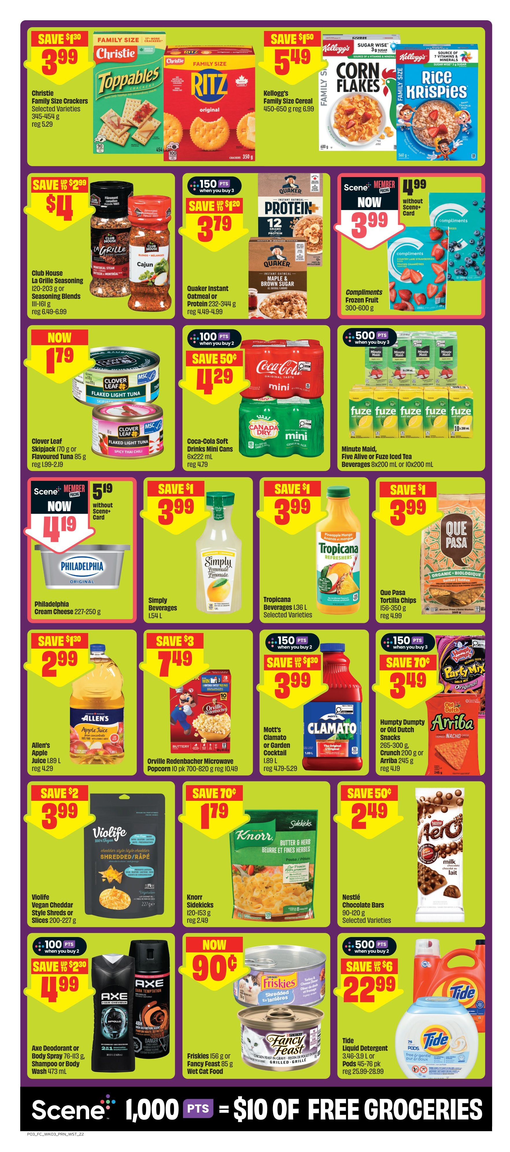 FreshCo flyer page 4 featuring various grocery deals. Save $1.30 on Christie Family Size Crackers for $3.99. Kellogg's Family Size Cereal is on sale for $5.49, including Corn Flakes and Rice Krispies. Club House La Grille Seasoning Blends are $4, save $2.99. Quaker Instant Oatmeal or Protein is $3.79 with 150 bonus Scene+ points when you buy 3. Compliments Frozen Fruit is $3.99. Clover Leaf Flaked Light Tuna or Spicy Thai Chili Tuna is now $1.79. Coca-Cola Soft Drinks Mini Cans 6x222 mL are $4.29 with 100 bonus Scene+ points when you buy 2. Minute Maid, Fuzetea, or Five Alive Beverages 8x200 mL or 10x200 mL are $5.99 with 500 bonus Scene+ points when you buy 3. Philadelphia Cream Cheese 227-250 g is $4.19 (Scene+ member price). Simply Beverages L54 L are $3.99. Tropicana Beverages 1.36 L Selected Varieties are $3.99. Que Pasa Tortilla Chips 156-350 g are $3.99. Allen's Apple Juice 1.89 L is $2.99, save $1.30. Orville Redenbacher Microwave Popcorn 10 pk 700-820 g is $7.49, save $3. Mott's Clamato or Garden Cocktail 1.89 L is $3.99 with 150 bonus Scene+ points when you buy 2. Old Dutch Snacks 265-300 g or Arriba Tortilla Chips 200 g are $3.49, save $1.30. Violiife Vegan Cheddar Style Shreds or Slices 200-227 g are $3.99, save $2. Knorr Sidekicks 120-153 g are $1.79, save $0.70. Nestlé Chocolate Bars 90-120 g Selected Varieties are $2.49, save $0.50. Axe Deodorant or Body Spray 76-113 g, Shampoo or Body Wash 473 mL are $4.99, save $2.30. Friskies 156 g or Fancy Feast 85 g Wet Cat Food is $0.90. Tide Liquid Detergent 3.46-3.9 L or Pods 45-76 pk are $22.99, save $6, with 500 bonus Scene+ points when you buy 2.