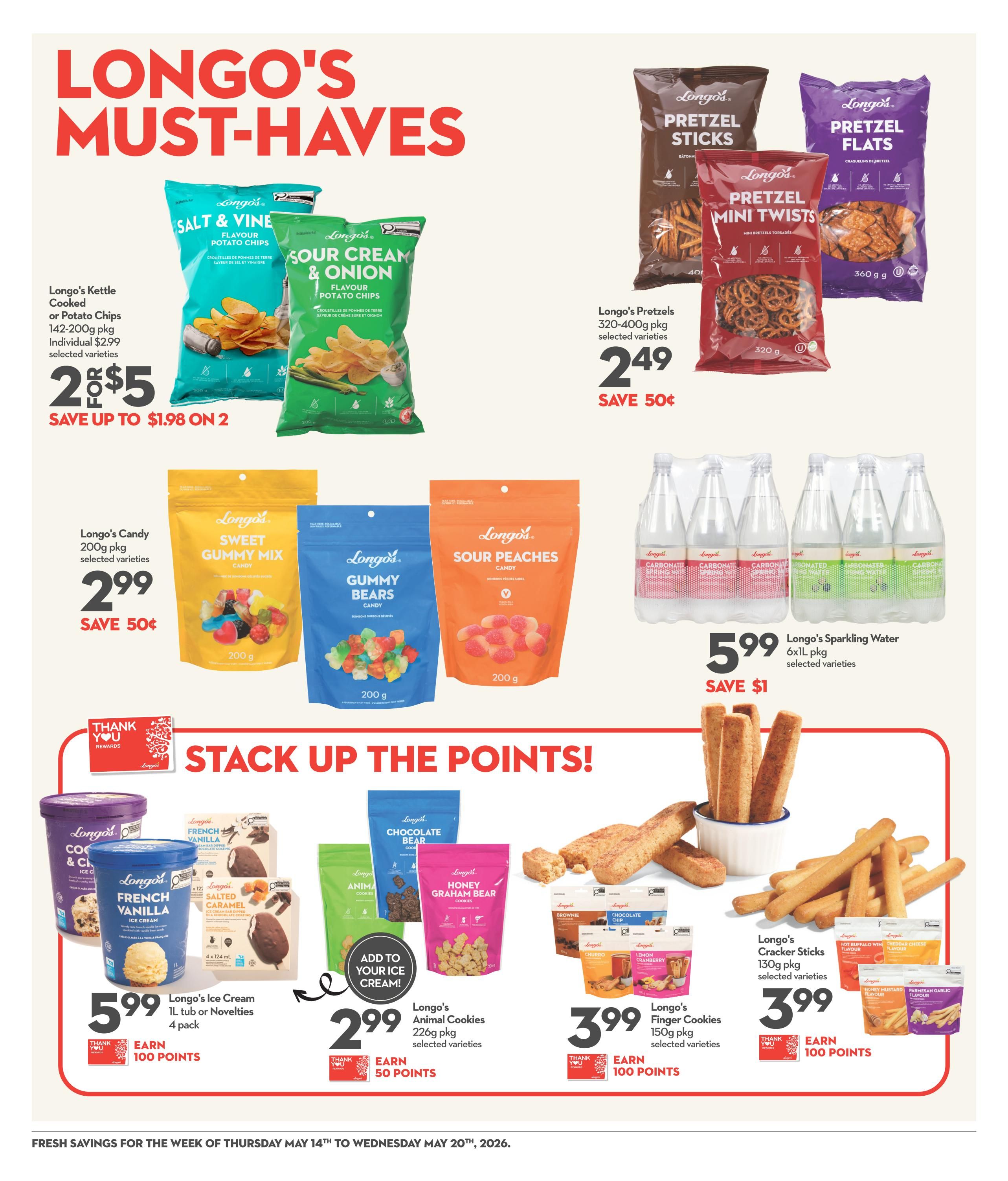 Longo's Must-Haves weekly flyer specials page 12. Features Longo's Kettle Cooked or Potato Chips, 142-200g pkg, selected varieties, 2 for $5, saving up to $1.98 on 2. Longo's Pretzels, 320-400g pkg, selected varieties, are $2.49, saving 50¢. Available in Pretzel Sticks, Pretzel Mini Twists, and Pretzel Flats. Longo's Candy, 200g pkg, selected varieties, is $2.99, saving 50¢, including Sweet Gummy Mix and Gummy Bears. Longo's Sour Peaches candy, 200g pkg, is also available. Longo's Sparkling Water, 6x1L pkg, selected varieties, is $5.99, saving $1. The page also highlights 'Stack Up the Points!'. Longo's Ice Cream, 1L tub or Novelties, 4 pack, is $5.99 and earns 100 points. Longo's Animal Cookies, 226g pkg, selected varieties, are $2.99 and earn 50 points, including Chocolate Bear and Honey Graham Bear flavours. Longo's Finger Cookies, 150g pkg, selected varieties, are $3.99 and earn 100 points, with flavours like Brownie, Chocolate Chip, Churro, Lemon Cranberry. Longo's Cracker Sticks, 130g pkg, selected varieties, are $3.99 and earn 100 points, including Hot Buffalo Wing, Cheddar Cheese, Honey Mustard, and Parmesan Garlic flavours.