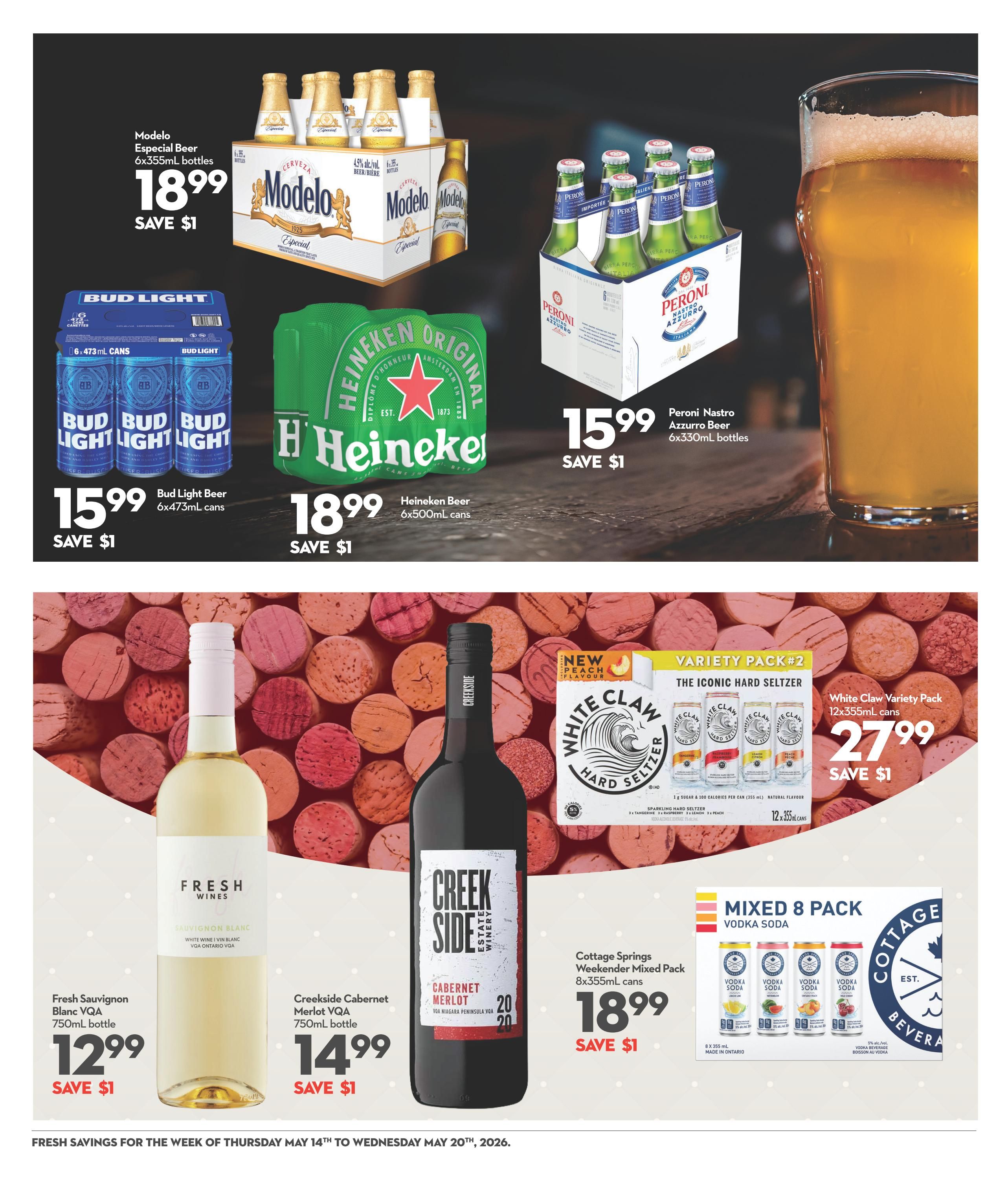 Garden Foods weekly flyer specials page 16 features a selection of alcoholic beverages. Modelo Especial Beer 6x355mL bottles are on sale for $18.99, saving $1. Bud Light Beer 6x473mL cans are $15.99, saving $1. Heineken Beer 6x500mL cans are $18.99, saving $1. Peroni Nastro Azzurro Beer 6x330mL bottles are $15.99, saving $1. White Claw Variety Pack 12x355mL cans are available for $27.99, saving $1. Also featured are Fresh Sauvignon Blanc VGA Ontario 750mL bottle for $12.99, saving $1, and Creekside Cabernet Merlot VQA 750mL bottle for $14.99, saving $1. Cottage Springs Weekender Mixed Pack 8x355mL cans are priced at $18.99, saving $1.