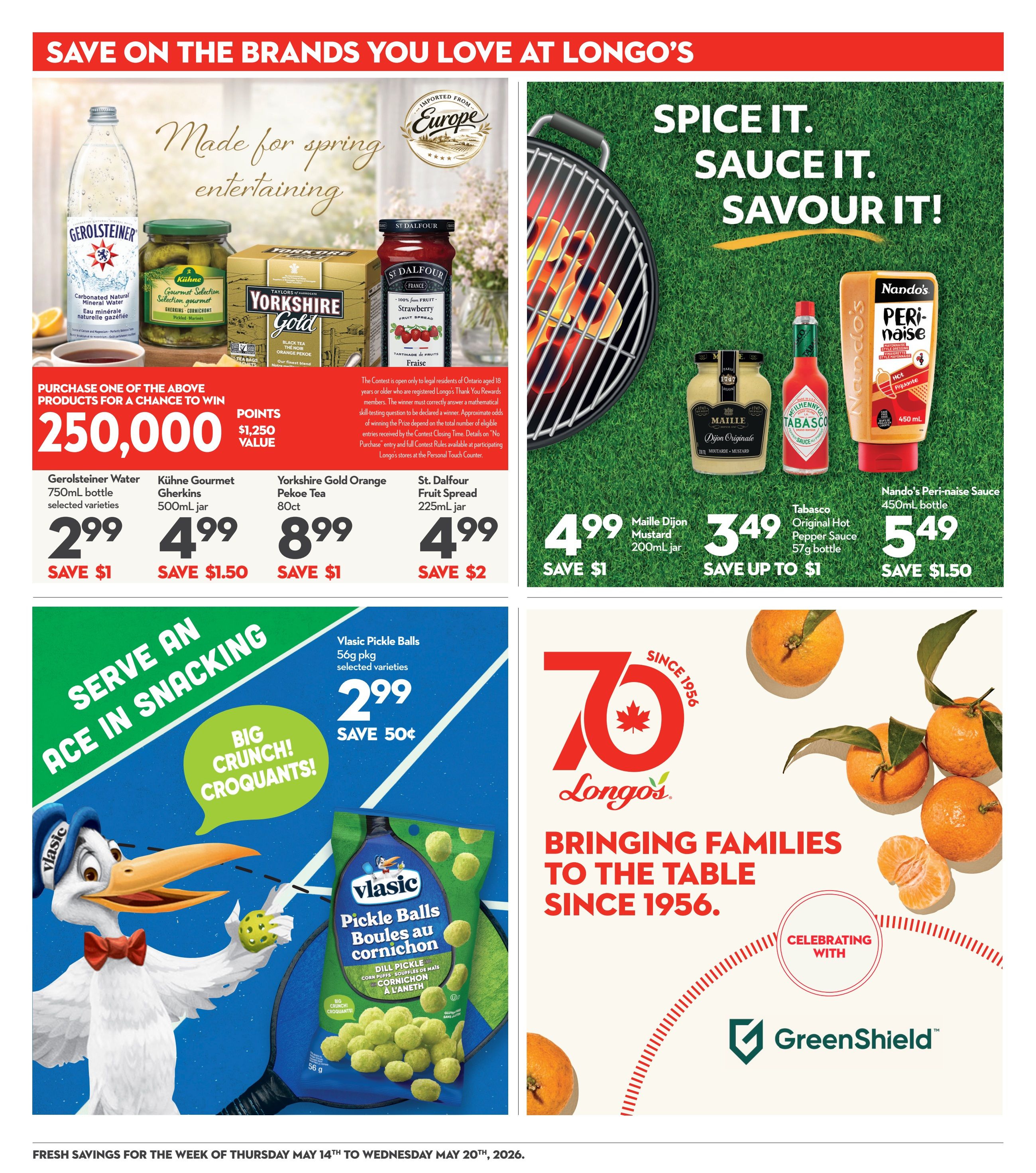 Longo's weekly flyer specials page 19 features 'Made for spring entertaining' with Gerolsteiner Water 750mL bottle for $2.99 (save $1), Kühne Gourmet Gherkins 500mL jar for $4.99 (save $1.50), Yorkshire Gold Orange Pekoe Tea 80ct for $8.99 (save $1), and St. Dalfour Fruit Spread 225mL jar for $4.99 (save $2). Purchase any of these items for a chance to win 250,000 points worth $1,250. The page also highlights 'Spice it. Sauce it. Savour it!' with Maille Dijon Mustard 200mL jar for $4.99 (save $1), Tabasco Original Hot Pepper Sauce 57g bottle for $3.49 (save up to $1), and Nando's Peri-naise Sauce 450mL bottle for $5.49 (save $1.50). Additionally, 'Serve an ace in snacking' features Vlasic Pickle Balls 56g pkg selected varieties for $2.99 (save 50¢). The page also includes Longo's 'Bringing Families to the Table Since 1956' and 'Celebrating With GreenShield' branding.