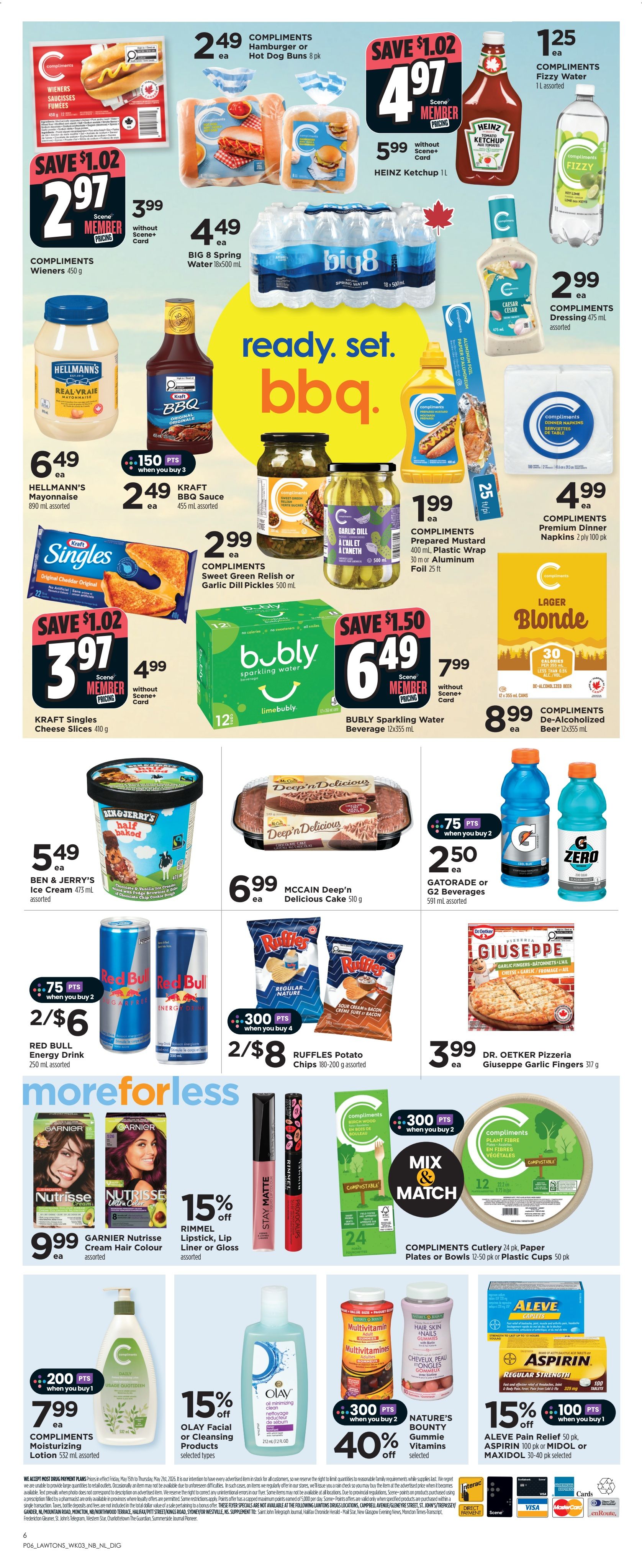 Lawtons Drugs weekly flyer specials for Atlantic Canada, page 4. Featured items include Compliments Wieners for $2.97, Compliments Hamburger or Hot Dog Buns for $2.49, and Heinz Ketchup for $4.97 with Scene+ card. Big 8 Spring Water is $4.49. Hellmann's Mayonnaise is $6.49. Kraft BBQ Sauce is $2.49 when you buy 3, earning 150 Scene+ points. Kraft Singles Cheese Slices are $3.97 with Scene+ card. Bubly Sparkling Water Beverage is $6.49 with Scene+ card. Compliments Sweet Green Relish or Garlic Dill Pickles are $2.99. Compliments Prepared Mustard is $1.99, and Compliments Plastic Wrap or Aluminum Foil is $1.99. Compliments Premium Dinner Napkins are $4.99. Compliments De-Alcoholized Beer is $8.99. Ben & Jerry's Ice Cream is $5.49. McCain Deep'n Delicious Cake is $6.99. Red Bull Energy Drink is 2 for $6, earning 75 Scene+ points. Ruffles Potato Chips are 2 for $8, earning 300 Scene+ points. Garnier Nutrisse Hair Colour is $9.99. Rimmel Lipstick, Lip Stick, or Lip Gloss is 15% off. Gatorade or G2 Beverages are $2.50. Dr. Oetker Pizzeria Giuseppe Garlic Fingers are $3.99. Compliments Cutlery, Paper Plates or Bowls are part of a Mix & Match offer with 300 Scene+ points when you buy 2. Compliments Moisturizing Lotion is $7.99 with 200 Scene+ points when you buy 1. Olay Facial or Cleansing Products are 15% off. Nature's Bounty Gummy Vitamins are 40% off when you buy 2, earning 300 Scene+ points. Aleve Pain Relief, Aspirin, or Midol are 15% off, earning 100 Scene+ points when you buy 1.