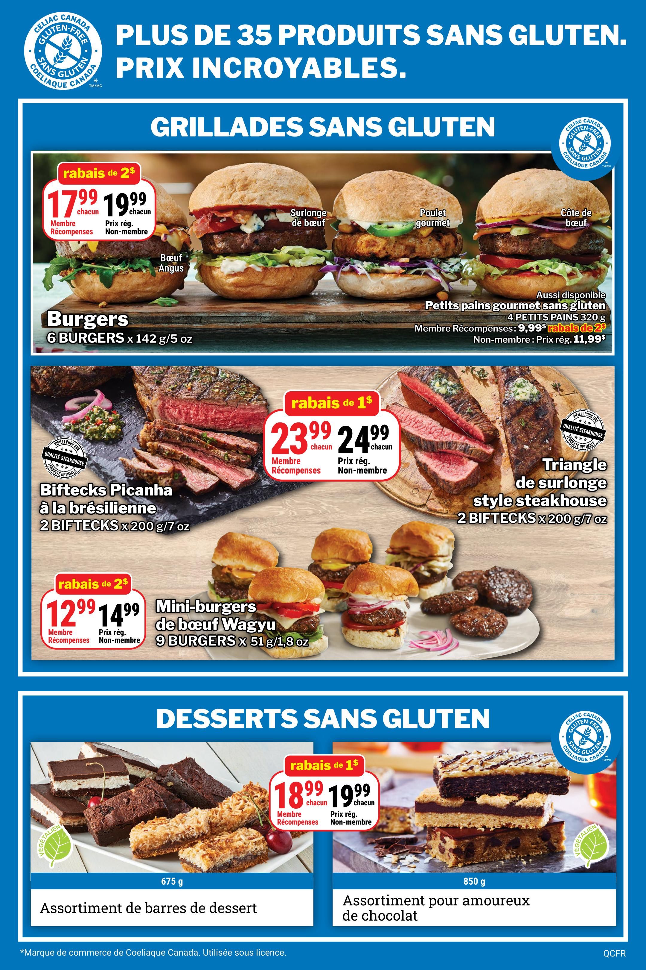 M&M Food Market weekly flyer specials page 3, featuring gluten-free grillades and desserts. Grillades include: Burgers, 6 per pack, on sale for $17.99 each for Rewards members or $19.99 each for non-members, with a $2 discount. Also featured are Angus Beef Burgers, Sirloin Burgers, Pulled Pork Burgers, and Beef Rib Burgers. Picanha Bistecks Brazilian style, 2 per pack, are $23.99 each for Rewards members or $24.99 each for non-members, with a $1 discount. Triangle Sirloin Steakhouse style Bistecks, 2 per pack, are also shown. Mini Wagyu Beef Burgers, 9 per pack, are $12.99 each for Rewards members or $14.99 each for non-members, with a $2 discount. Desserts include: Dessert Bar Assortment, 675 g, on sale for $18.99 each for Rewards members or $19.99 each for non-members, with a $1 discount. Chocolate Lover's Assortment, 850 g, is also available. All products are Celiac Canada Gluten-Free certified.