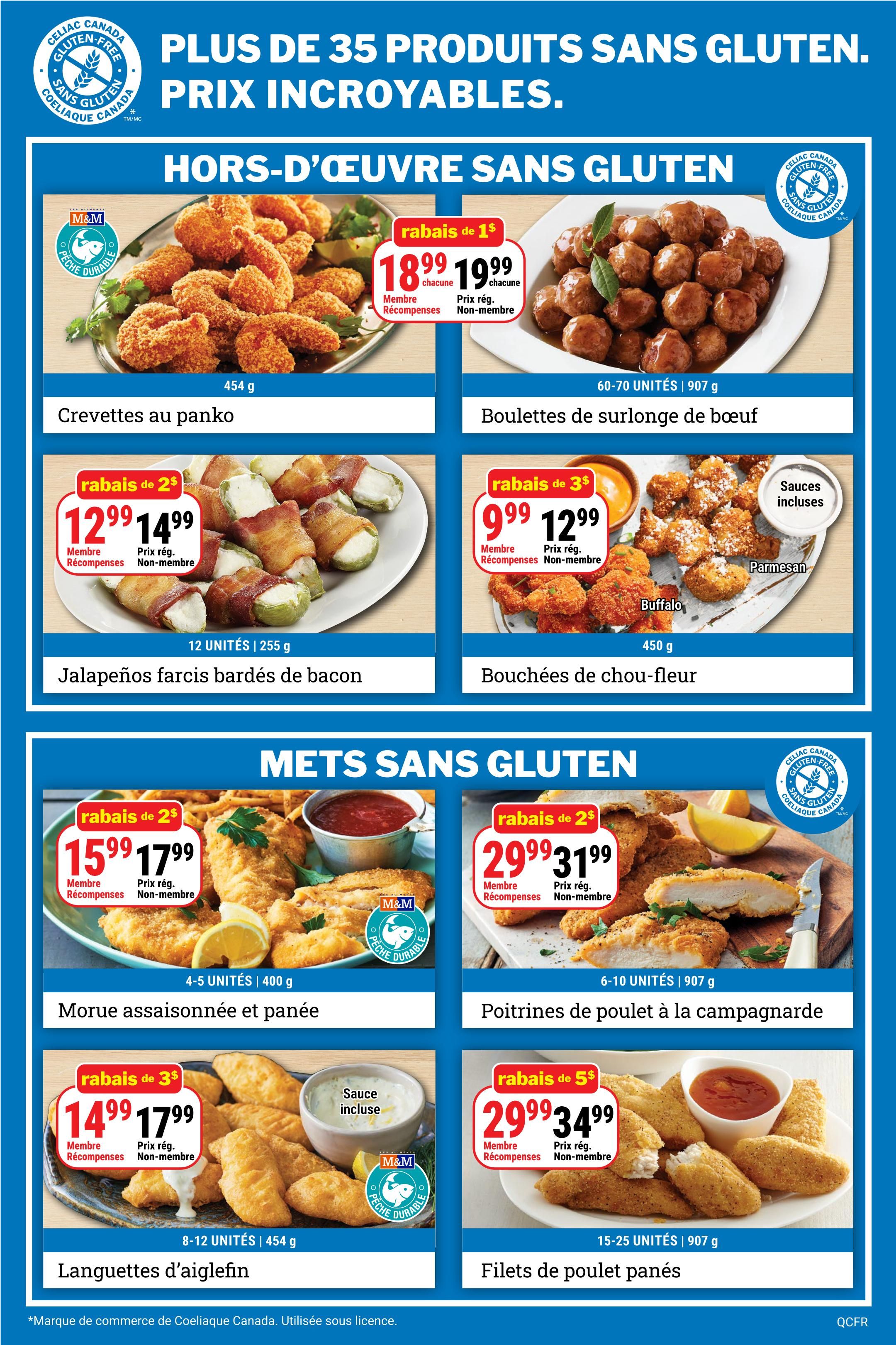 M&M Food Market weekly flyer specials page 4, featuring a selection of gluten-free appetizers and meals. Top section: Hors d'oeuvre sans gluten (Gluten-Free Appetizers). Panko breaded shrimp are $18.99 each for members and $19.99 each for non-members, 454 g. Beef sirloin meatballs are $18.99 each for members and $19.99 each for non-members, 60-70 units | 907 g. Bacon-wrapped jalapeño poppers are $12.99 for members and $14.99 for non-members, 12 units | 255 g. Cauliflower bites with parmesan or buffalo sauce are $9.99 for members and $12.99 for non-members, 450 g. Middle section: Mets sans gluten (Gluten-Free Meals). Breaded seasoned pollock is $15.99 for members and $17.99 for non-members, 4-5 units | 400 g. Country-style chicken breasts are $29.99 for members and $31.99 for non-members, 6-10 units | 907 g. Bottom section: Breaded haddock fingers with sauce included are $14.99 for members and $17.99 for non-members, 8-12 units | 454 g. Breaded chicken fillets are $29.99 for members and $34.99 for non-members, 15-25 units | 907 g. All products are Celiac Canada Gluten-Free certified.
